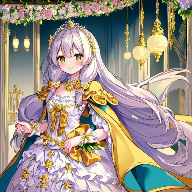looking at viewer,(kawaii),(best quality),(ultra detailed), upper body,(rococo style),(long train pastel yellow cape:1.15), very long cape,(long train white ball gown with flower decorations:1.1), a girl is wearing a cape over her gown, 1 little princess, tiara, smile, very long hair, small breasts