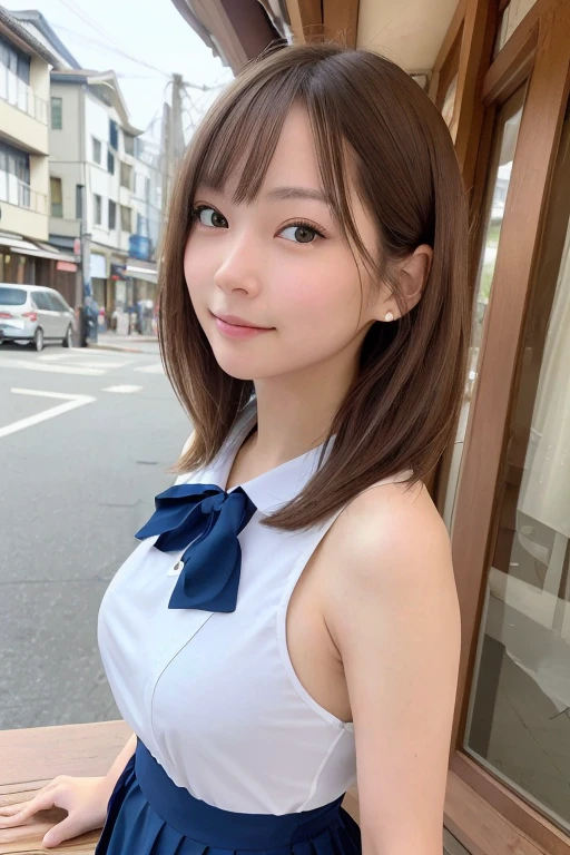 (Tabletop)), ((highest quality)), (Very detailed), Genuineistic, Genuine, Dynamic Angle, Close-up shot of face,Front view, Young and pretty girl in Japan ,city, town, Daytime, autumn, Charming person ,Long Bob Hair ,One Girl, alone, &reference;uniform&reference;,「Swimwear」,&reference;Ceremonial vestments