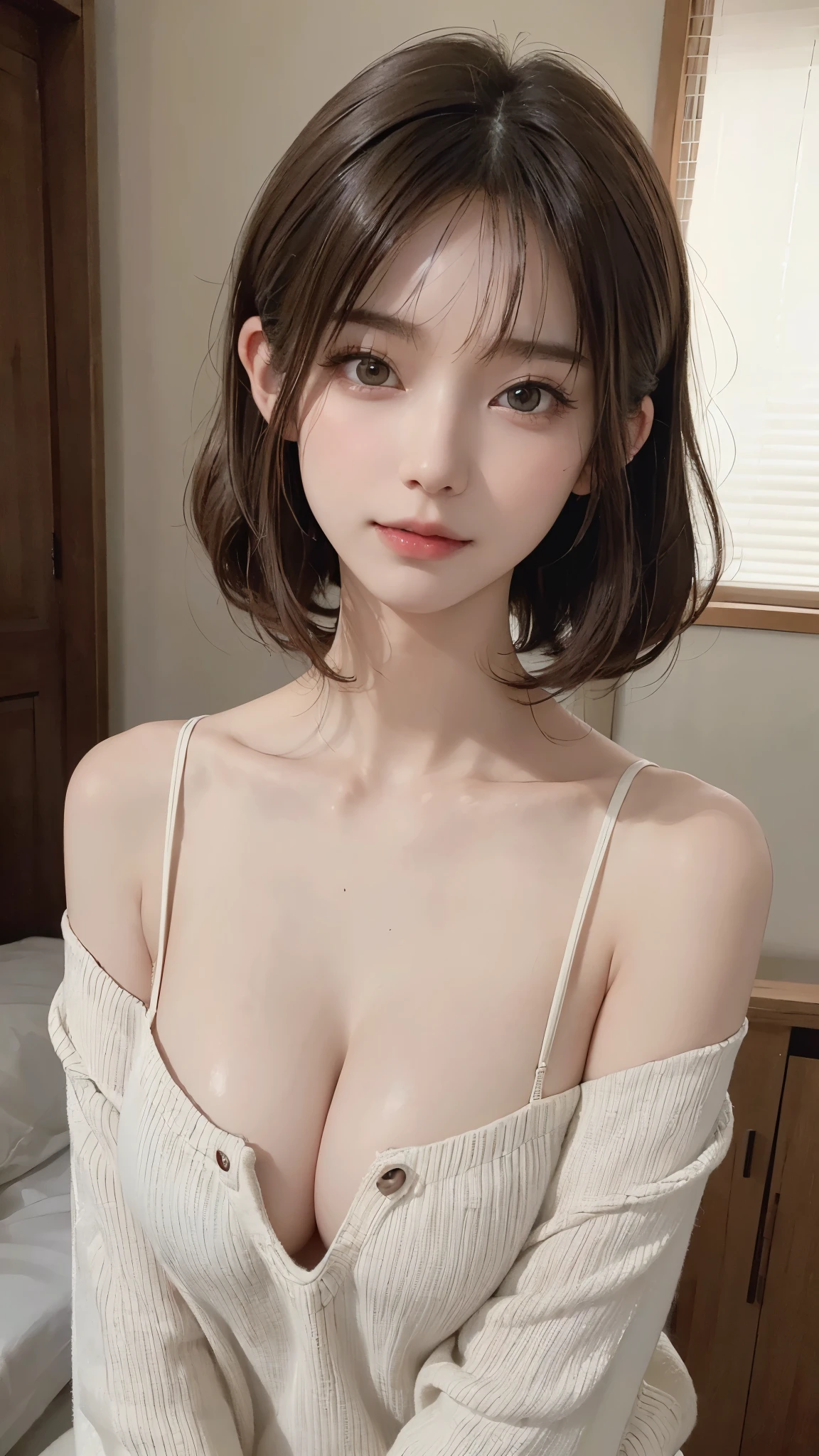 (masterpiece:1.3), (8K, Photorealsitic, Raw photography, Top image quality: 1.4), Japan high school girls、(Random hairstyles:1.2)、cleavage of the breast:1.2、Super Detail Face、Eye of Detail、double eyelid、Bring your chest together、sharp focus:1.2、prety woman:1.4、light brown hair、top-quality、masterpiece、超A high resolution、(Photorealsitic:1.4)、Highly detailed and professional lighting smile、Loose and light knitwear、Shoulder out、slender、serious facial expression、short-haired、Fatal position, nipple slip