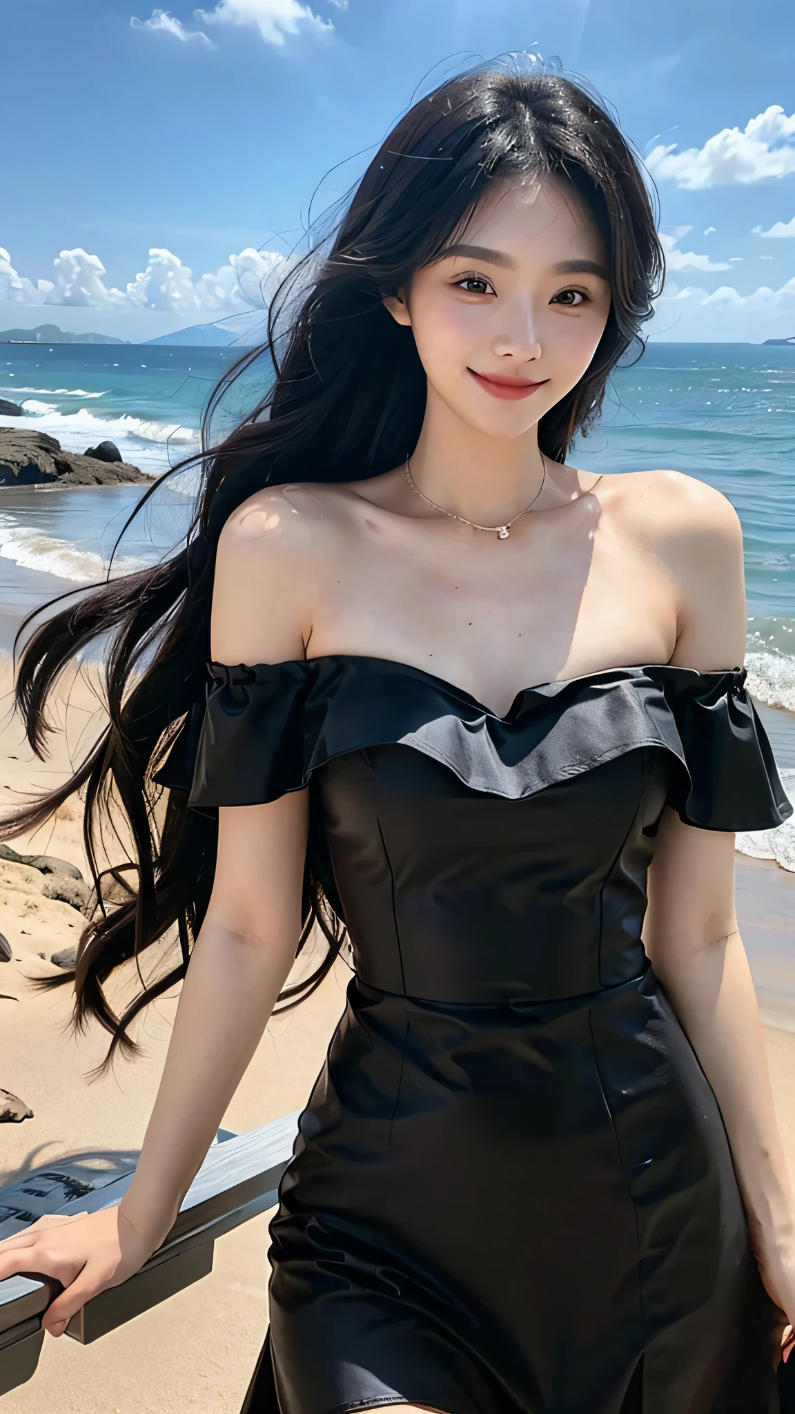 A sweet girl by the beach，voluminous hair，Delicate face，Photorealsitic，of a real，largeaperture，wears a black dress，A cropped dress，Off-the-shoulder，A dress around the neck，Slim，smiles，Ultra-high resolution