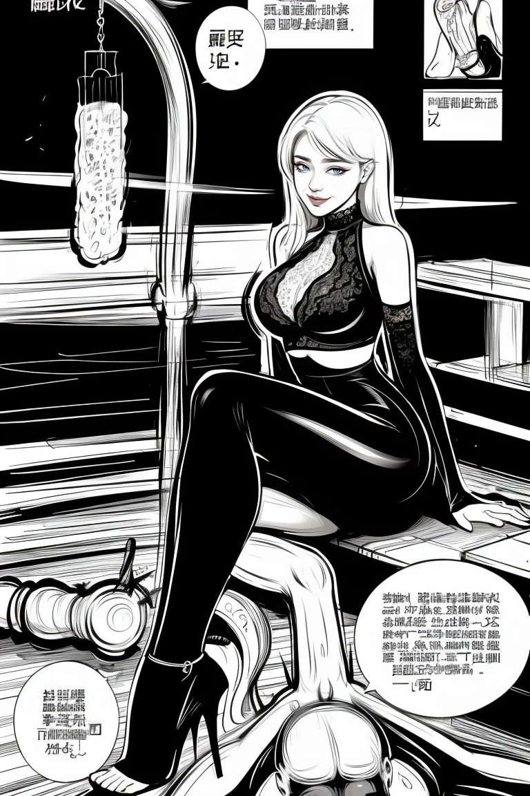 The beautiful girl in lace top and leggings is sitting astride a pile of skeletons in the center of the picture. She is holding a trembling sausage with juice squeezed out in her hand and smiling. There are multiple comic storyboards in the background,cbt, sausage bondage,sausage insertion,Sexy, trampling sausage with high heels heel,(masterpiece, best quality:1.2),1 beautiful girl,sexy,comic storyboard:2, leggings, sit astride, axially symmetrical:2, ,femdom,sounding,cbt,hold,smile,colorful,leggings,thin gap,cameltoe,insertion,trembling,juice,spray, Long hair,Lace top,Sexy, Shiny leggings, High heel,cleveage, trampling, in forest, saliva , Mucus,