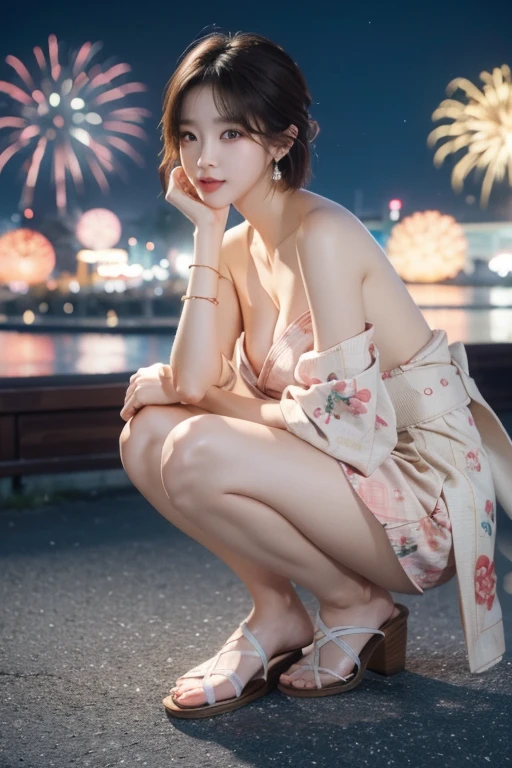 Browsing Caution, 8K Raw Photos, highest quality, masterpiece, Ultra-high resolution, Film Grain, movie, One girl, View Viewer, Natural skin texture, Realistic eye and facial details, full 唇, Lip tick, (compensate), Red eyeshadow, Fluffy short hair,Korean beauty style,Japanese Kimono(Pink based floral pattern),smile, Close your mouth, beautiful feet, Tall Woman, skinny, slim_feet, alone, Large Breasts,Natural pose with fireworks in the background,Brown Hair,Bracelet,Sandals,Night view,VIVIZ,UMJI,Korean Style,Korean,かわいいKorean,Natural Makeup,cute,Medium Short Hair,Earrings,Depth of written boundary