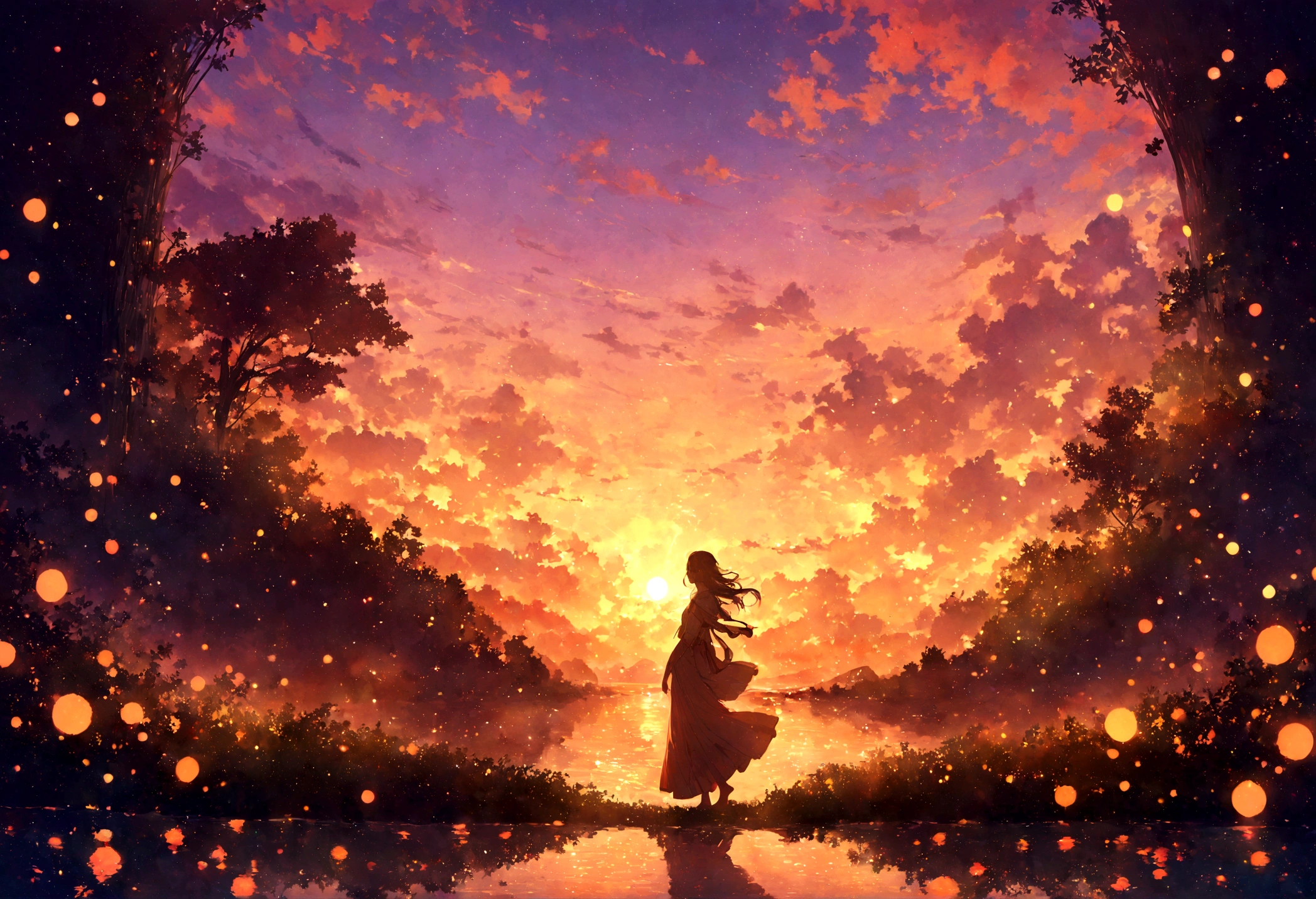 A young woman with headphones, entranced by the stunning sunset before her. She radiates peace and contentment, her eyes reflecting the warm hues of the sky as she basks in the glow of nature's beauty. This scene is portrayed in a beautifully detailed anime-style painting, capturing the girl's serene expression and the vibrant colors of the setting sun. The cozy atmosphere of her home is evident in the warm lighting and comfortable surroundings, enhancing the overall sense of tranquility and comfort emanating from the image.