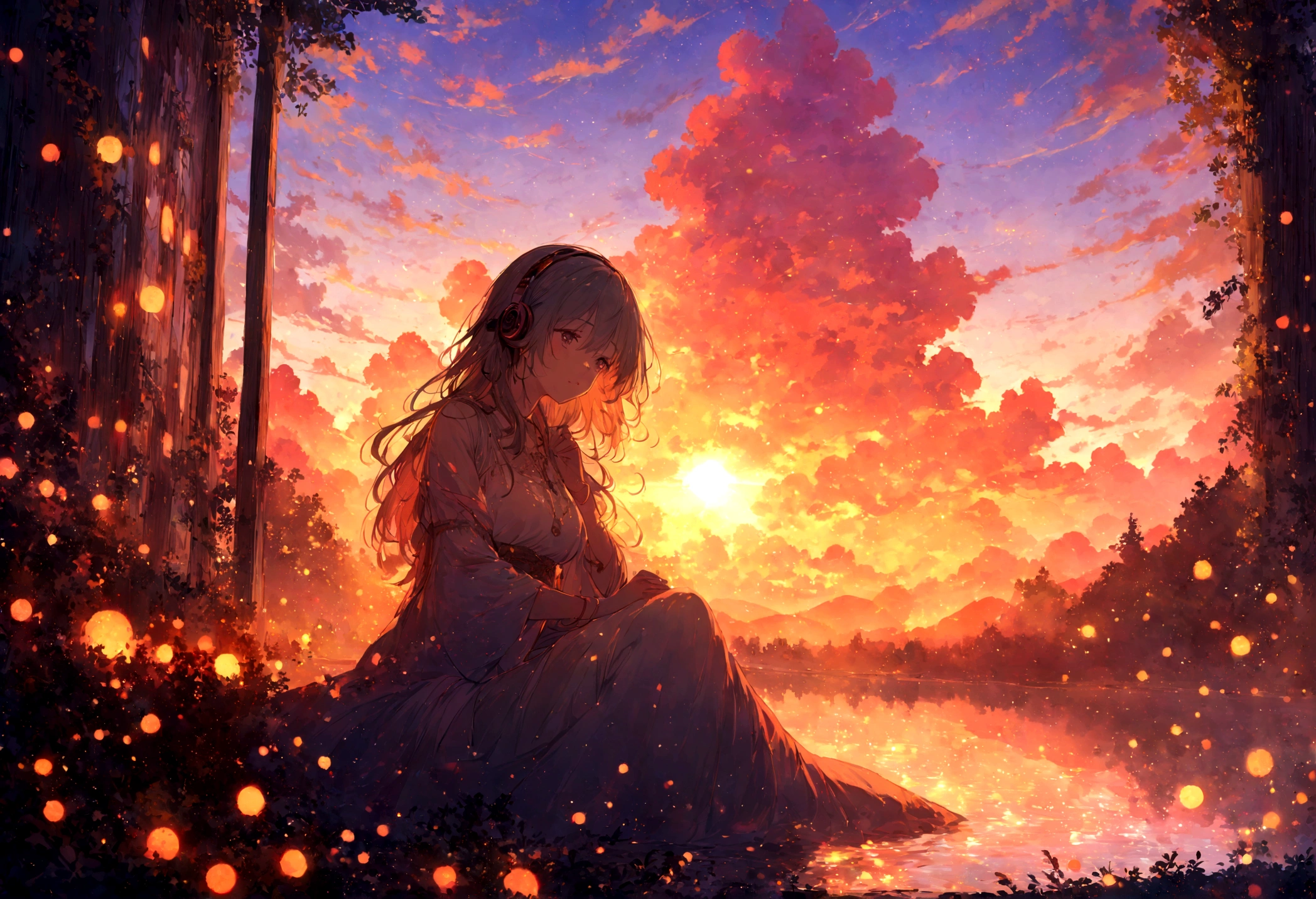 A young woman with headphones, entranced by the stunning sunset before her. She radiates peace and contentment, her eyes reflecting the warm hues of the sky as she basks in the glow of nature's beauty. This scene is portrayed in a beautifully detailed anime-style painting, capturing the girl's serene expression and the vibrant colors of the setting sun. The cozy atmosphere of her home is evident in the warm lighting and comfortable surroundings, enhancing the overall sense of tranquility and comfort emanating from the image.