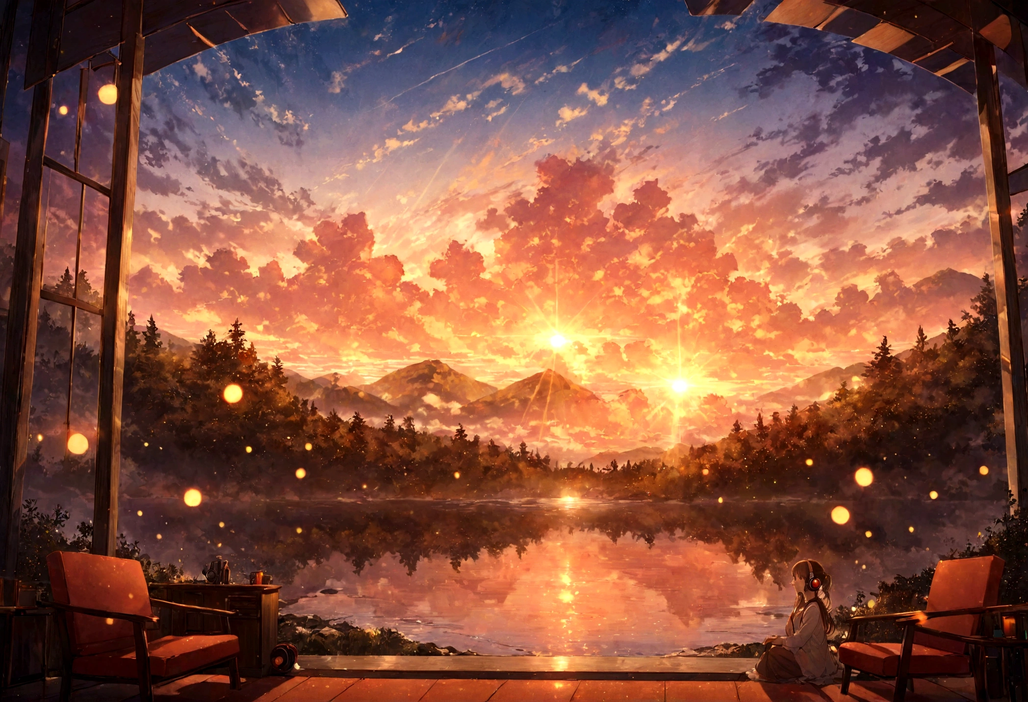 A young woman with headphones, entranced by the stunning sunset before her. She radiates peace and contentment, her eyes reflecting the warm hues of the sky as she basks in the glow of nature's beauty. This scene is portrayed in a beautifully detailed anime-style painting, capturing the girl's serene expression and the vibrant colors of the setting sun. The cozy atmosphere of her home is evident in the warm lighting and comfortable surroundings, enhancing the overall sense of tranquility and comfort emanating from the image.