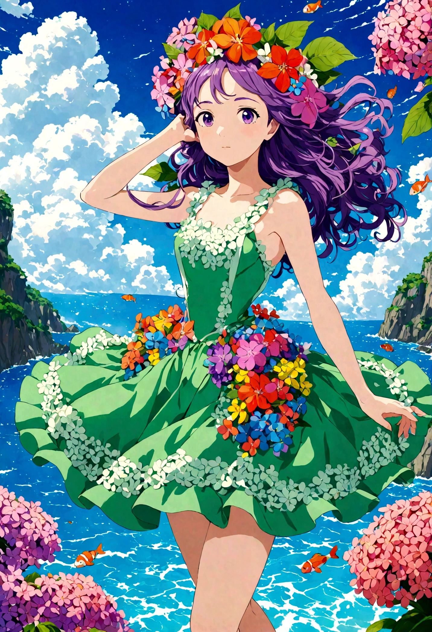 COLORFUL, vibrant, stunning, top-notch, miracle, STUDIO GHIBLI style, PHydrangea Girl, Style of Shinnkai Makoto, in the sky & sea, at somewhere Europa, MOST COLORFUL creation!"