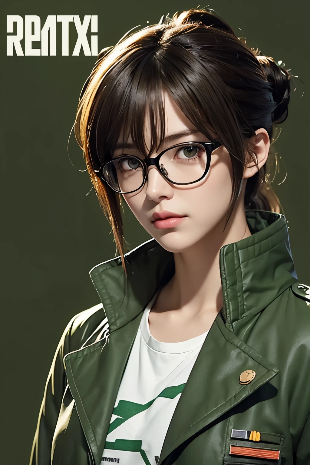 1 female inventor, Hair color is light brown and tied together., eyes are big、The color is brown, Closer to bright orange,, Large black horn-rimmed glasses, Wearing an army green colored flight jacket ,modern animation style, Anime style illustration, By Shinkai Makoto ( Apex Legends ), Digital Animation Illustration,