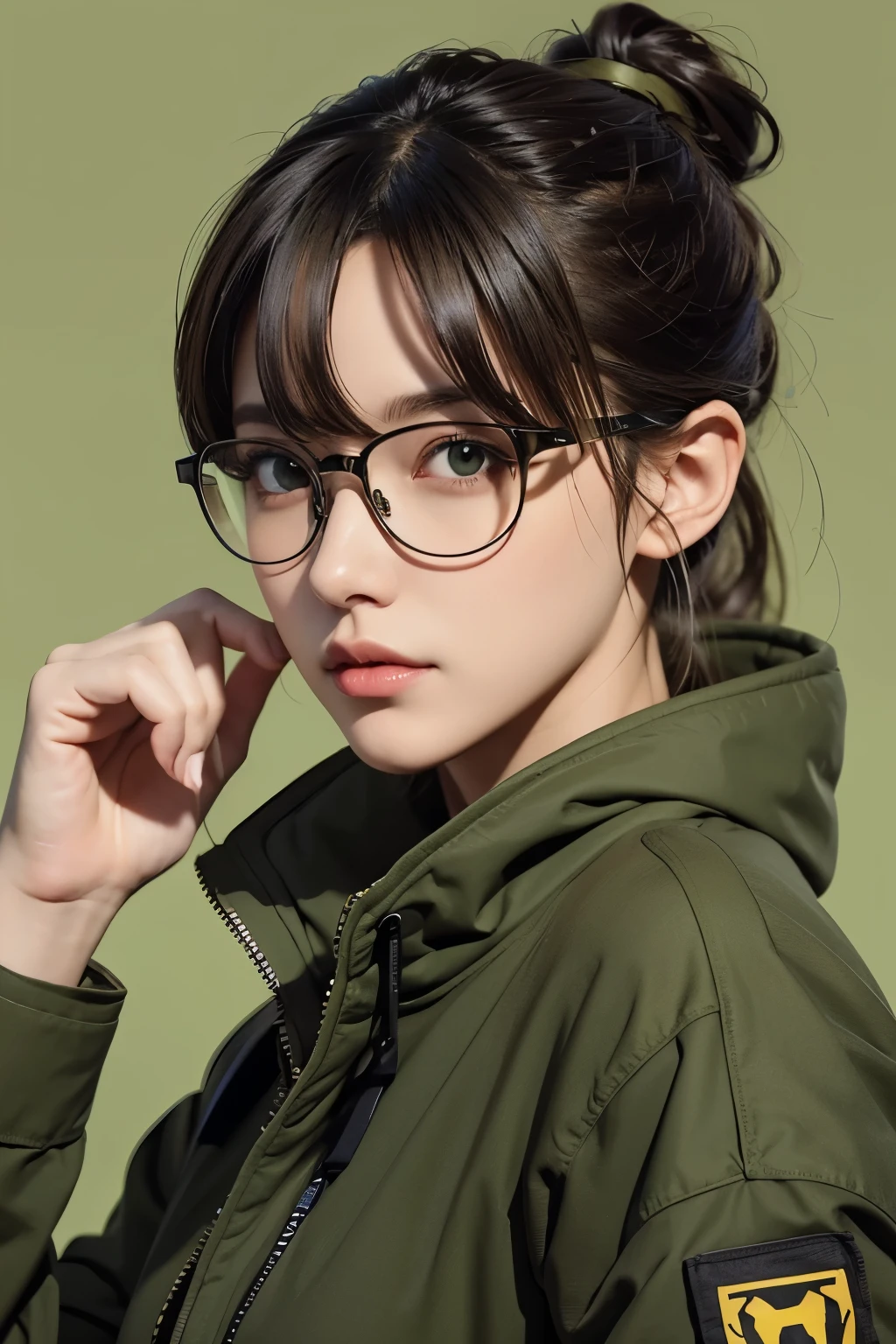 1 female inventor, Hair color is light brown and tied together., eyes are big、The color is brown, Closer to bright orange,, Large black horn-rimmed glasses, Wearing an army green colored flight jacket ,modern animation style, Anime style illustration, By Shinkai Makoto ( Apex Legends ), Digital Animation Illustration,