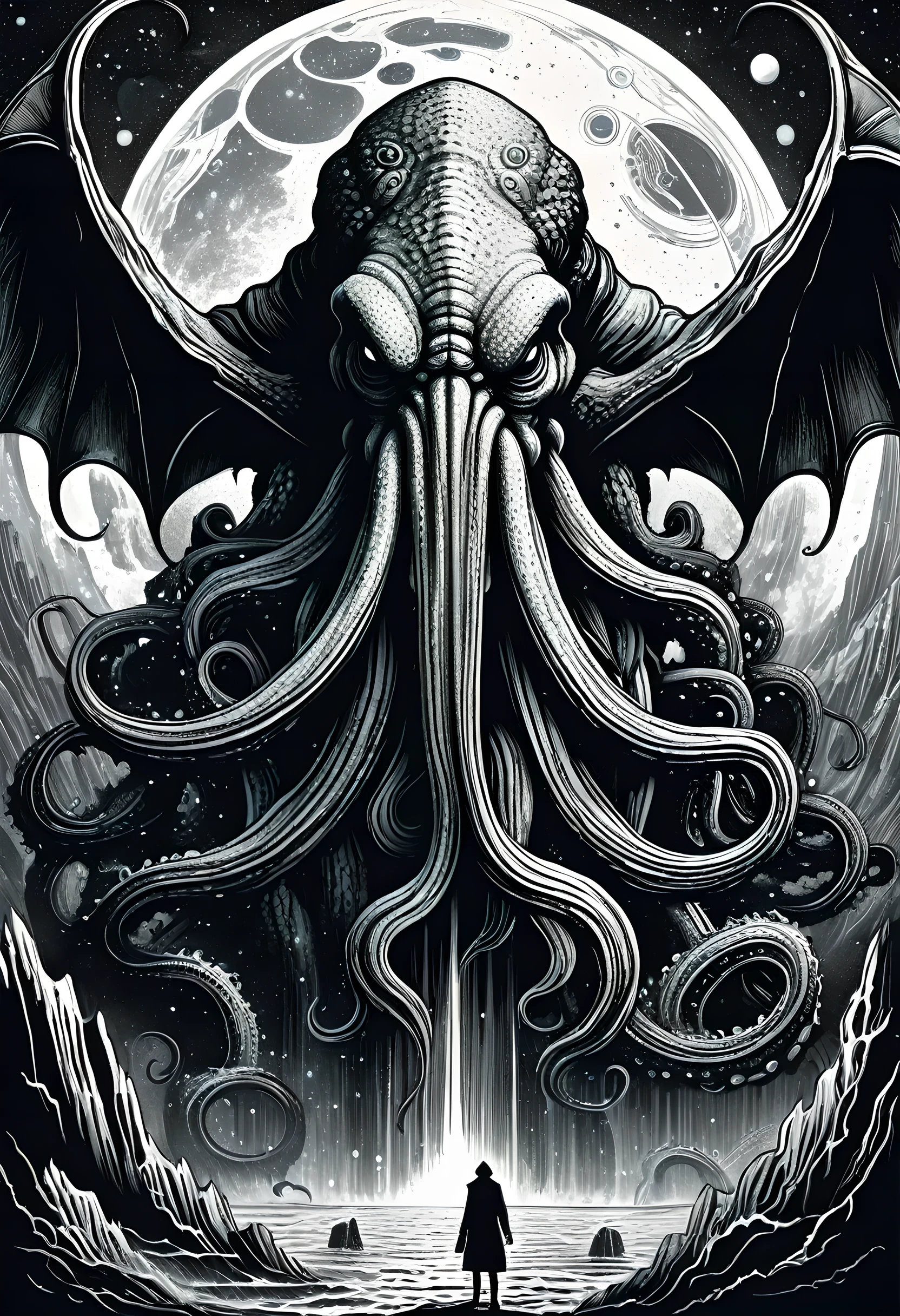 Illustrations from old books, monochromatic illustration drawn in pen,Cthulhu so huge that it covers the universe,