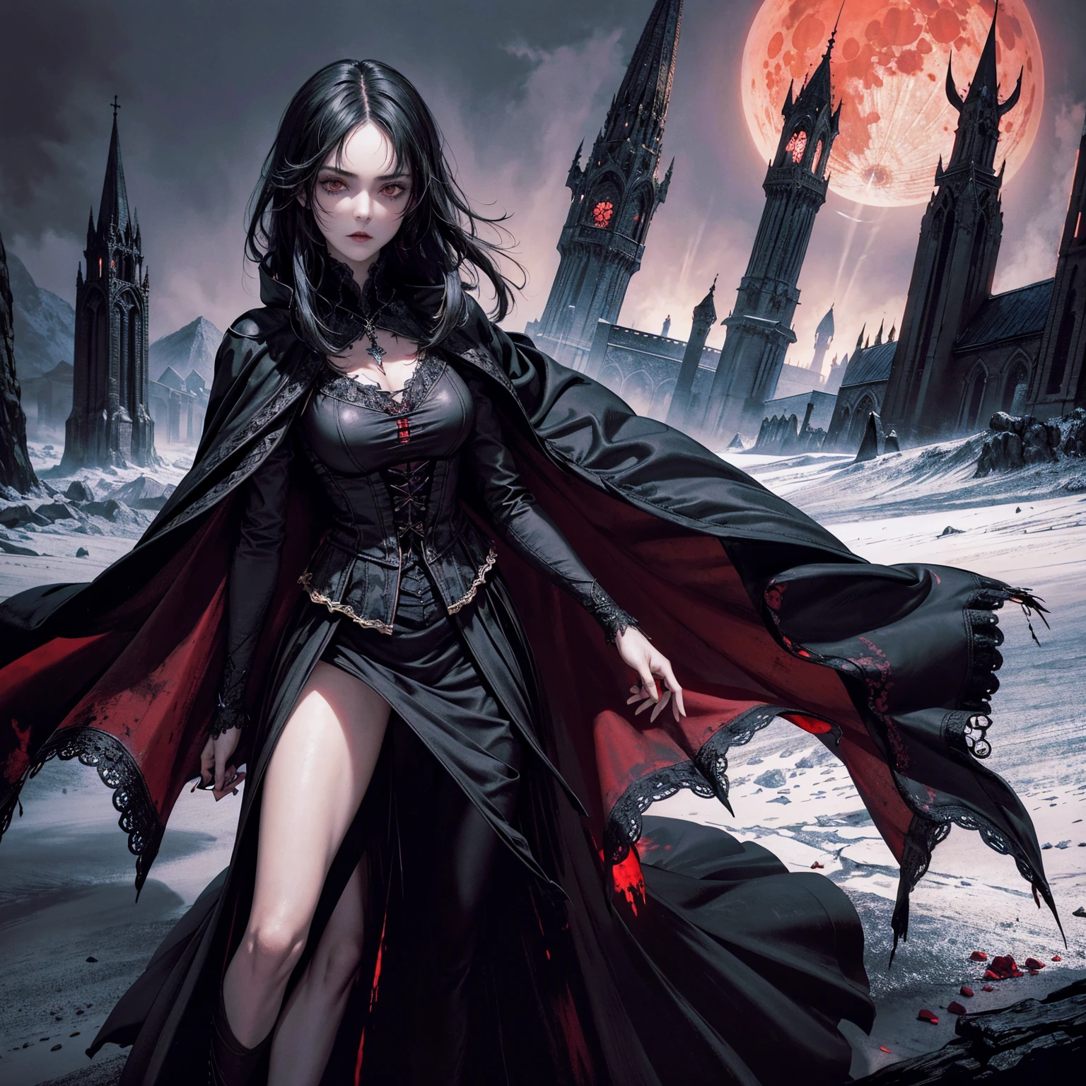 best quality, 4k, high resolution, masterpiece:1.2, Very detailed, actual:1.37, Mood lighting, Girl in a cloak, Wearing a tight gothic skirt that shows a little skin above the chest, Dangerous sneer, Black Hair, Standing, Positive face, Crucified, Pitch black sky, Blood-red moon, strange atmosphere, Gothic style, Unforgettable beauty, Dramatic shadows, Ethereal Light, Mysterious atmosphere.