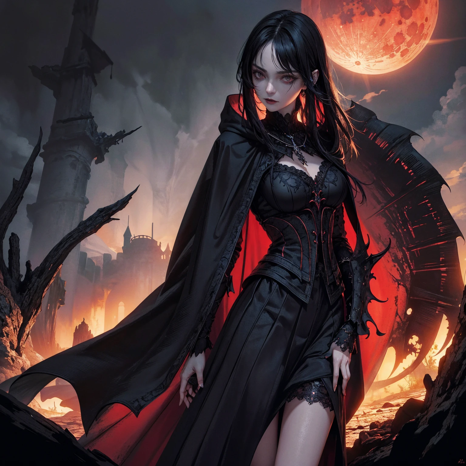 best quality, 4k, high resolution, masterpiece:1.2, Very detailed, actual:1.37, Mood lighting, Girl in a cloak, Wearing a tight gothic skirt that shows a little skin above the chest, Dangerous sneer, Black Hair, Standing, Positive face, Crucified, Pitch black sky, Blood-red moon, strange atmosphere, Gothic style, Unforgettable beauty, Dramatic shadows, Ethereal Light, Mysterious atmosphere.