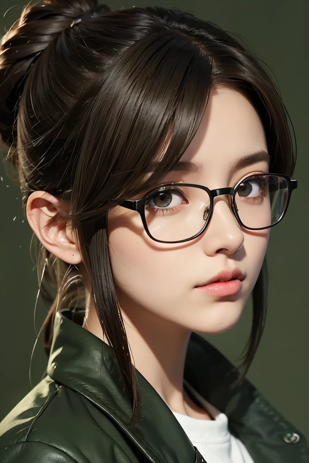 1 female inventor, Hair color is light brown and tied together., eyes are big、The color is brown, Closer to bright orange,, Large black horn-rimmed glasses, Wearing an army green colored flight jacket ,modern animation style, Anime style illustration, By Shinkai Makoto ( Apex Legends ), Digital Animation Illustration,