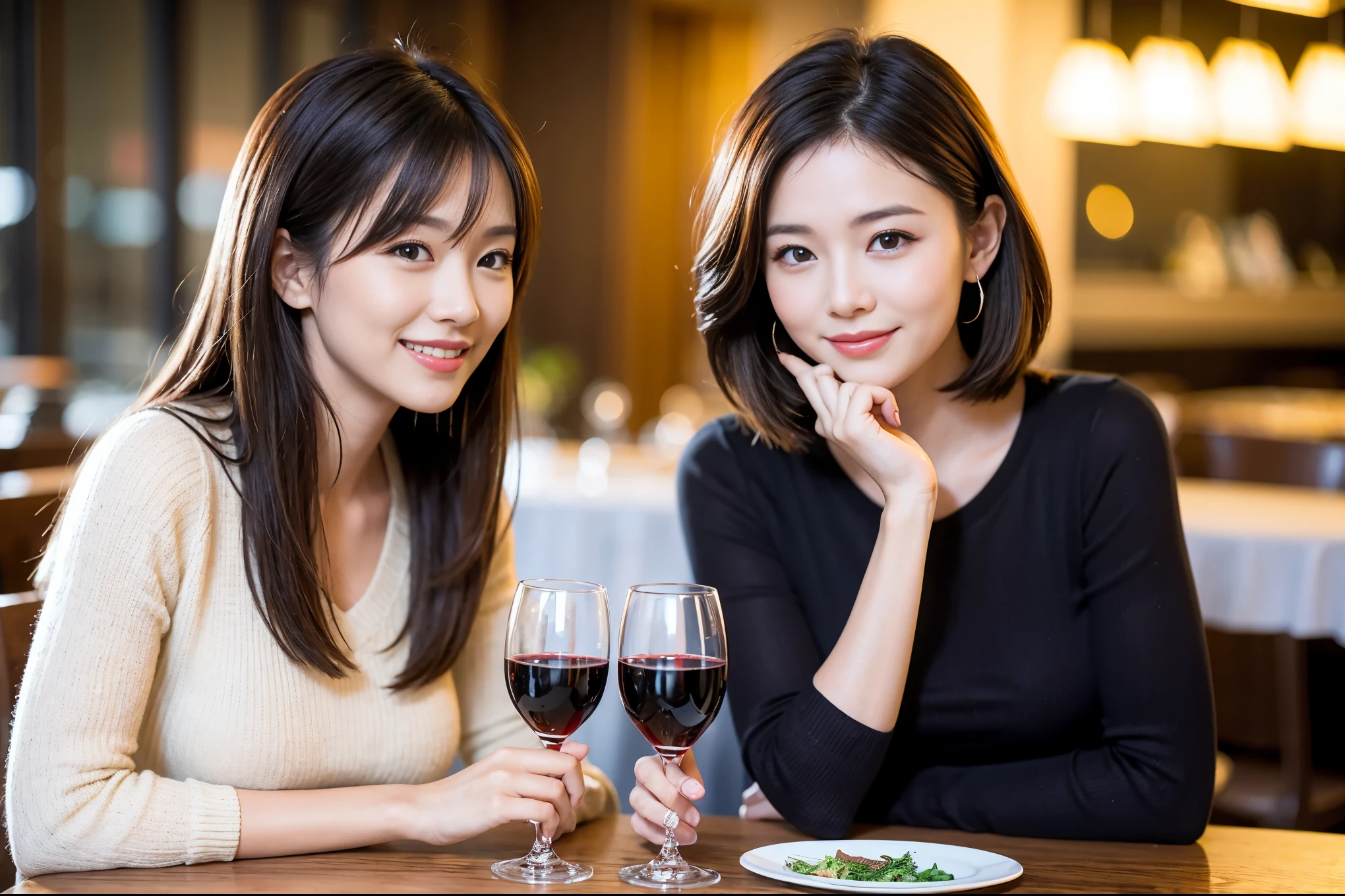 ((highest quality、8k、masterpiece:1.3))、A beautiful woman who resembles Rei Dan、1 male 1 female、Couple、Spouse、full-course dinner、The body is slim、((Bob Hale、Straight hair:1.2)), (Realistic, Intricate details:1.2), テーブルの上のwine glass、Put the light on your face、 Amazing view of the sunset sky and clouds、Amazing mountain views、A bright smile、The wonderfulness of smile、Bright image、The beauty of wine, Beautiful Face, blue eyes, The light shines on your face, Blushing, short hair,Bright Face、 (Age 44), 43 years old, red wine 、Appetizers、Italian food、Wine bottle、Champagne、sparkling wine、Two beauties、Brown Hair、Shortcuts、Long sleeve shirt、dress、Pretty Woman 1, (slimな顔), (The body is slim), (Brown Hair), (Shortcuts), cheeks turn a little red,Attractive beauty、restaurant, In a prominent place (From the waist up) Nova Frog Style, actress, model, Upper Body, White wine, slim, wine glass, A wine glass placed in the center, smile, (smile: 1.15), Beautiful fine grain, Depth f/2,saturation, High Contrast, Strong light and shadow,Moist Body:1.5、3D texture、Delicate eyes、Brown Hair、The hair is very shiny、
