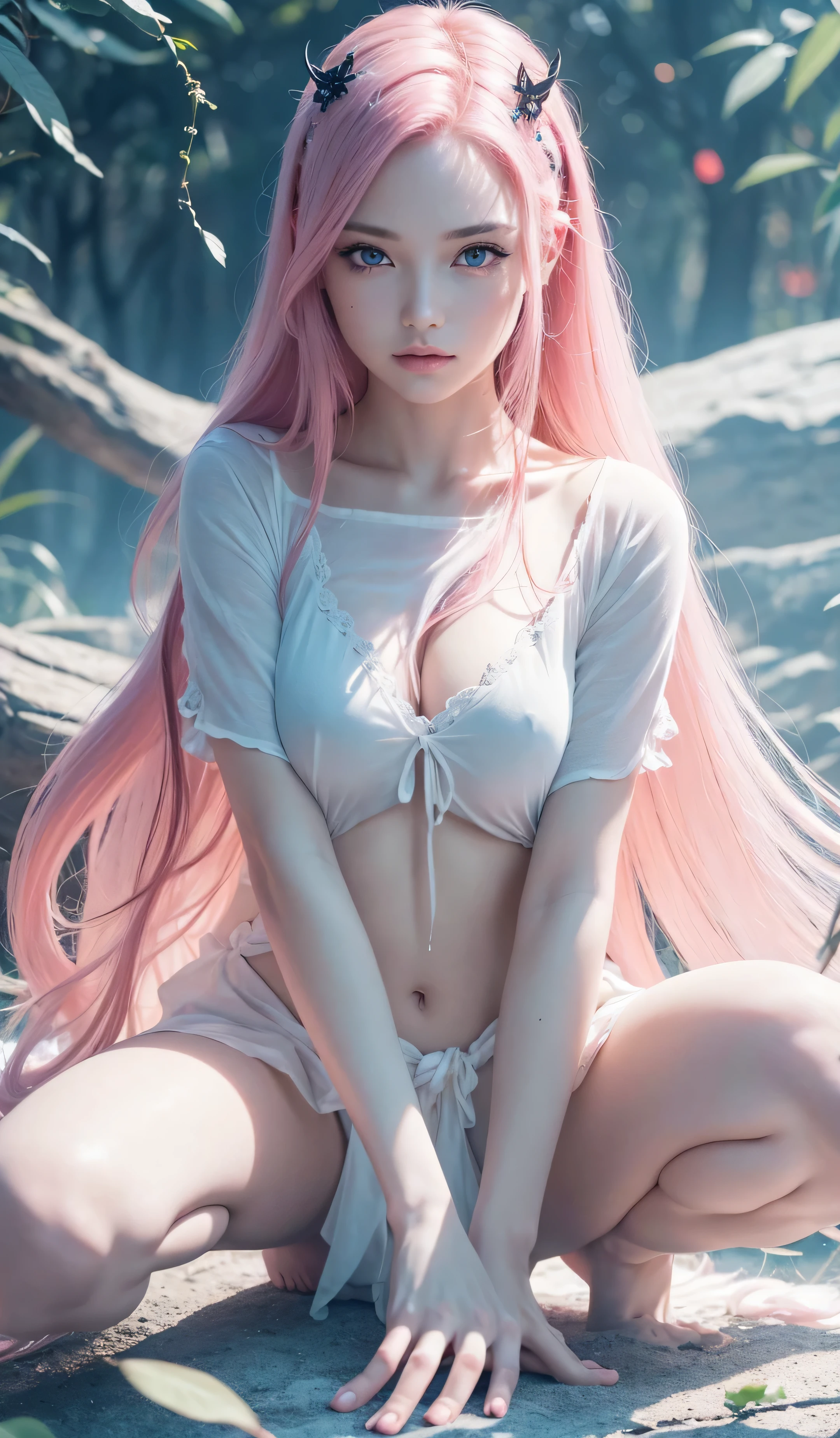 a beautiful girl with long pink hair, detailed face, small breasts, beautiful detailed eyes, detailed face, full body, red eyes, black background, shaded face, masterpiece, best quality, 4k, 8k, highres, ultra-detailed, realistic, photo-realistic, HDR, UHD, studio lighting, extreme detail description, vivid colors, bokeh