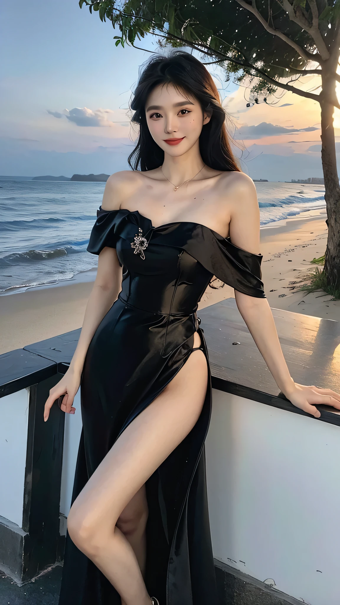 A sweet girl by the beach，voluminous hair，Delicate face，Photorealsitic，of a real，largeaperture，wears a black dress，A cropped dress，Off-the-shoulder，A dress around the neck，Slim，smiles，Ultra-high resolution