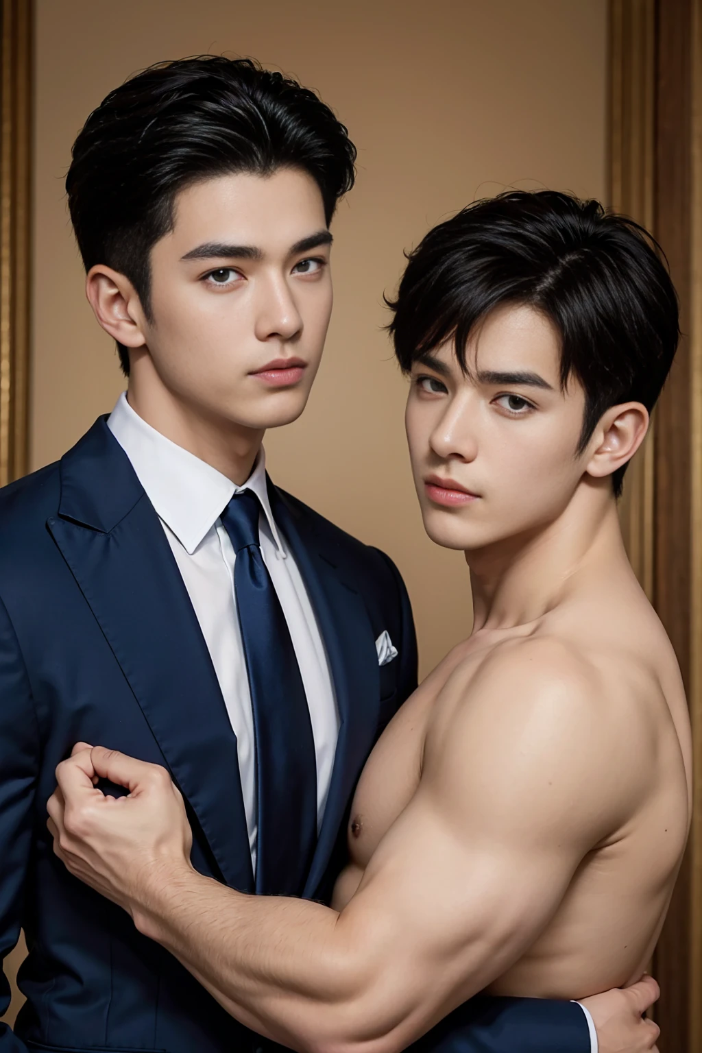 ((masterpiece)),((best quality)),8K,High Detail,Very detailed, Very manly,2 men, like,fashion pose, Real skin texture, Light,
Royal blue style couple