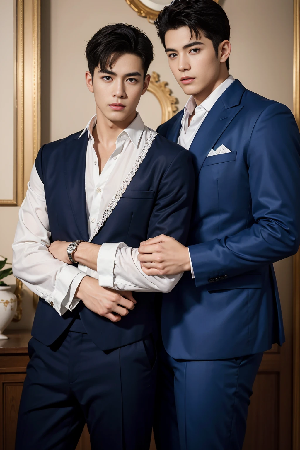 ((masterpiece)),((best quality)),8K,High Detail,Very detailed, Very manly，2 men, like，fashion pose, Real skin texture, Light,
Royal blue style couple