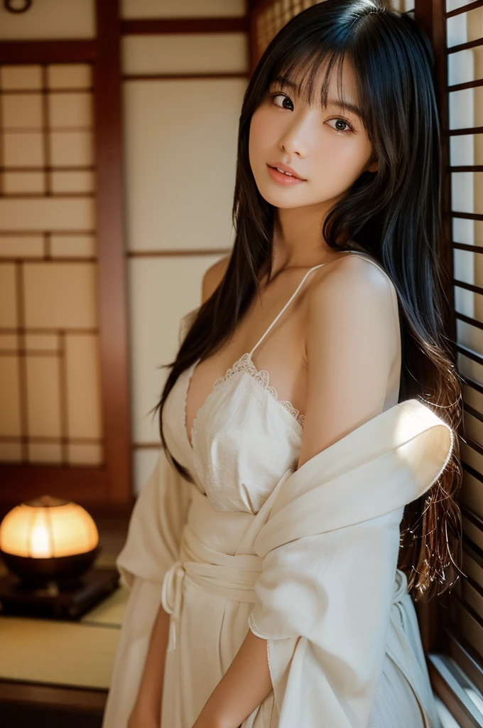 (high resolution、high quality、High resolution、detailed、8k、masterpiece)、超A high resolution、(Photorealistic:1.3)、RAW Photos、((Ultra-Realistic Details))、Portrait、Global Illumination、Shadow、Octane Rendering、8k、Super sharp、Beautiful breasts、Beautiful Eyes、非常に複雑なdetailed、Realistic Light、CGSoation Trend、ネオンのdetailed、The light is gentle、1 girl、Bewitching Charm、Silvery white long hair、Enchanting Japanese kimono、An emotional presence、(A dimly lit room in a samurai residence、In the back is a Japanese garden)、((Amazingly cute))、wild、sexy、Healthy Body、22age、wide shot、full body、It feels like you're really there、Dignified、Hidden Past、sexy、smile、Glowing Skin、Super beautiful cyberpunk soldier、A pose that really gets men excited
