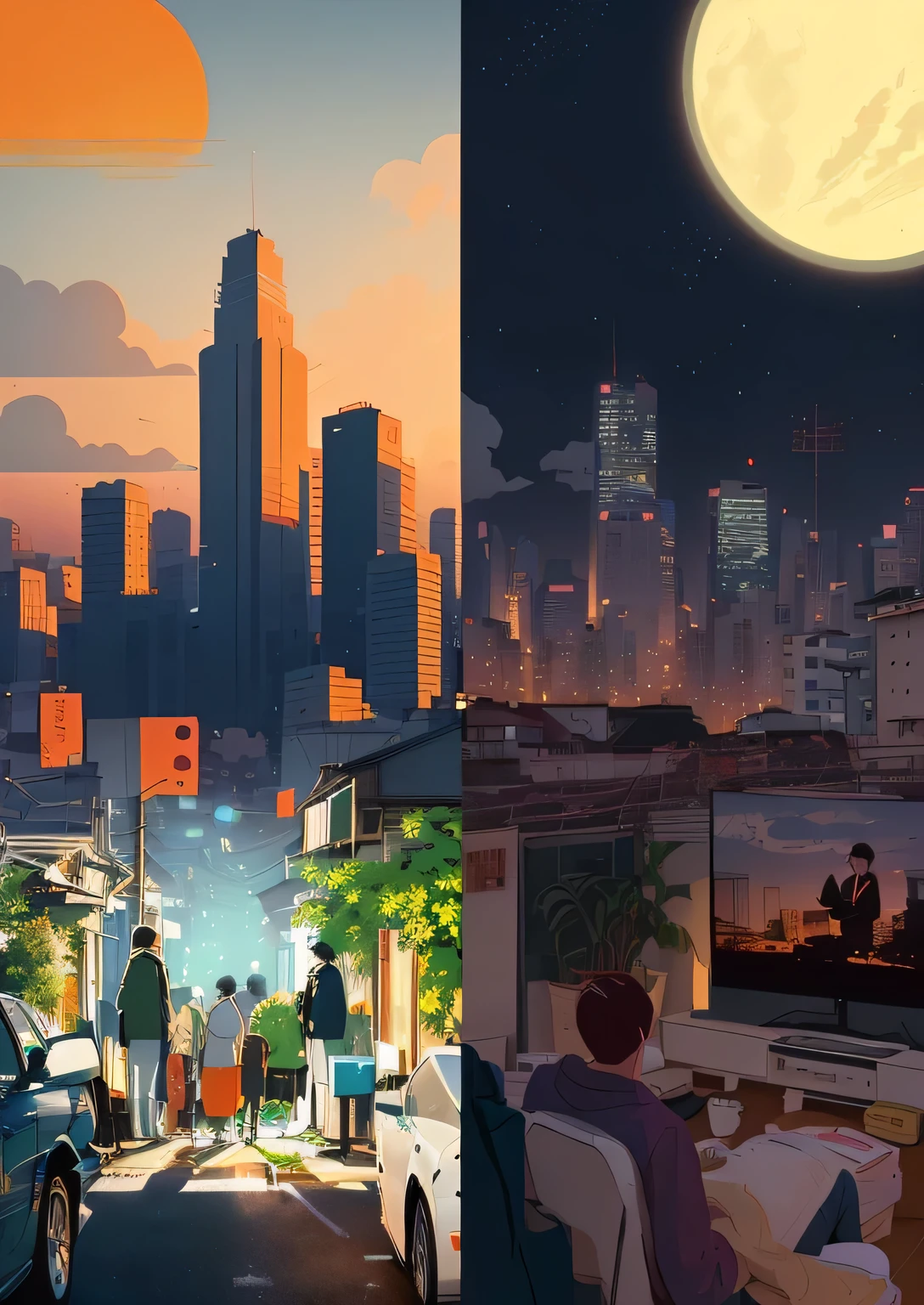 A poster divided into two parts. On the left is a car of people going to work in the morning. ,On the right is a person watching TV at home with his family at night, lo-fi Illustration style, With Artest Guerin (atey ghailan) style, Inspired by Artie Guerin, Detailed 2D illustrations, Illustration style, lofi artstyle, animated illustration style, 4k hd wallpaper illustration, 8k cartoon illustration, 4k hd illustration wallpaper