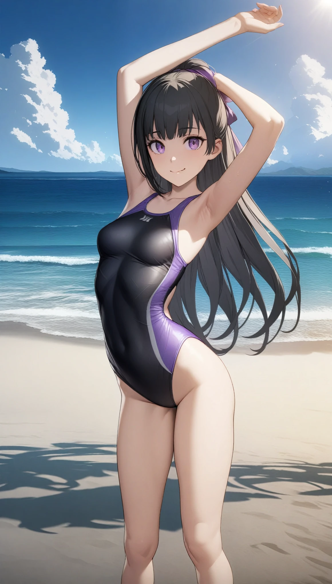 32k, best quality, ultra high res, HDR, UHD, extremely detailed CG, unity 32k wallpaper, very cute, 16-year-old girl, 1 person, Purple eyes, (Black competitive swimsuit), Beach, Long black hair, (medium breasts), Embarrassing, smile, 