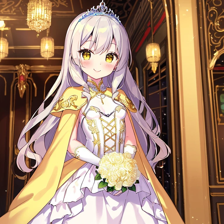 looking at viewer,(kawaii),(best quality),(ultra detailed), upper body,(rococo style),(long train pastel yellow cape:1.15), very long cape,(long train white ball gown with flower decorations:1.1), a girl is wearing a cape over her gown, 1 little princess, tiara, smile, very long hair, small breasts