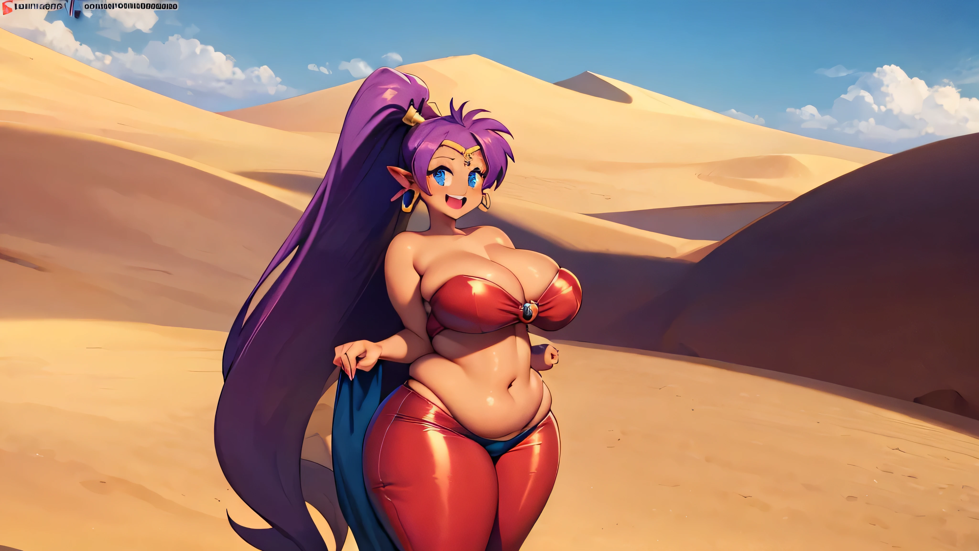 Shantae, tiara, Gargantilha, brincos de argola, bandeau o-ring, Clamps, red latex pants, seios grandes, sorriso, dentes, muito gorda, quadris super largos, bunda grande, peitos enormes, barriga grande, gordinha, big arms, barriga de gordura dupla, plano de fundo: mercado ambulante no deserto