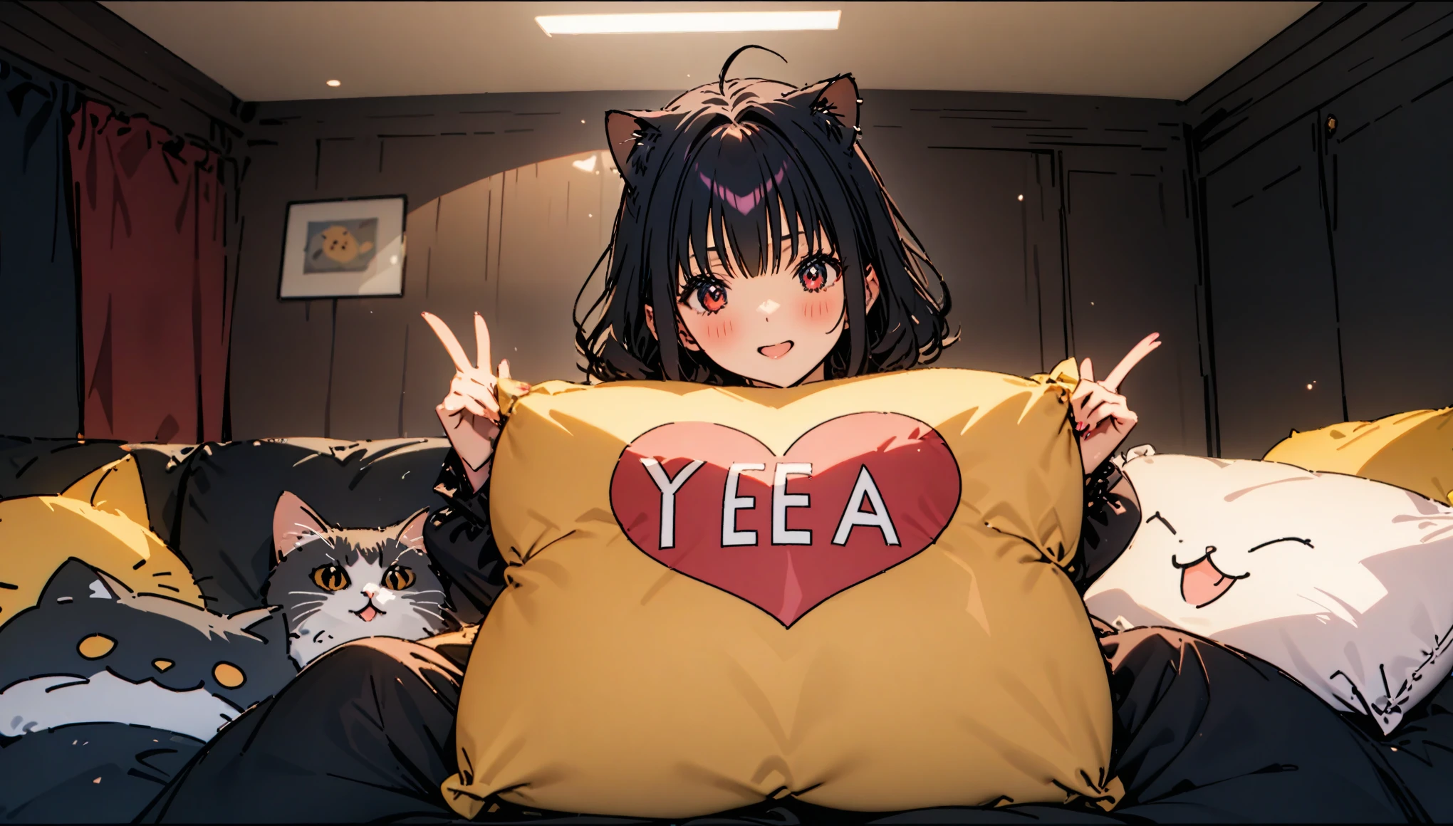 ((Yeah, Yeah-pillow, heart, almohada rosa)) nekomiya, pelo negro, orejas de gato,red eYeah, small breasts,  ROMPER, solo ((1 chica junkotvvxl)), mejor calidad, obra maestra, ultra detallado, Alta calidad,buena calidad, junkotvvxl,(obra maestra,high resolution, ultra detallado,8K,16k),mirar al espectador,((orejas de gato)), ((ojos rojos)), ((chica neko)),