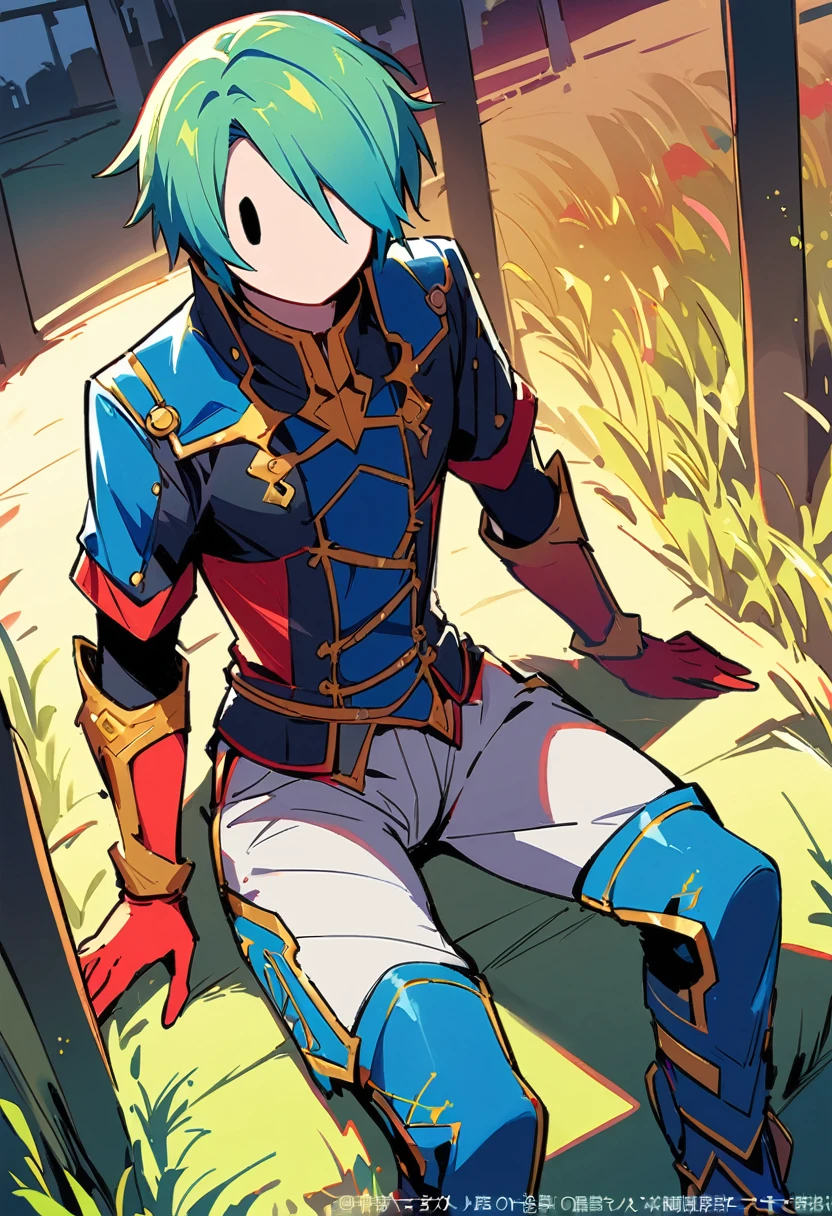 Zuo Ye, Magic punk style, Ridiculous, concept art, best quality, Perfect lighting, illustration, Vanishing point, sit, looking at the audience, 成熟male角色, 1 boy, (No mouth:1.3), male焦點, male, Green Hair, dyed bangs, Bright Eyes, Wear (Fantasy style crotch plate and shin guards:1.1), Wheat Field, Detailed background, Amazing background