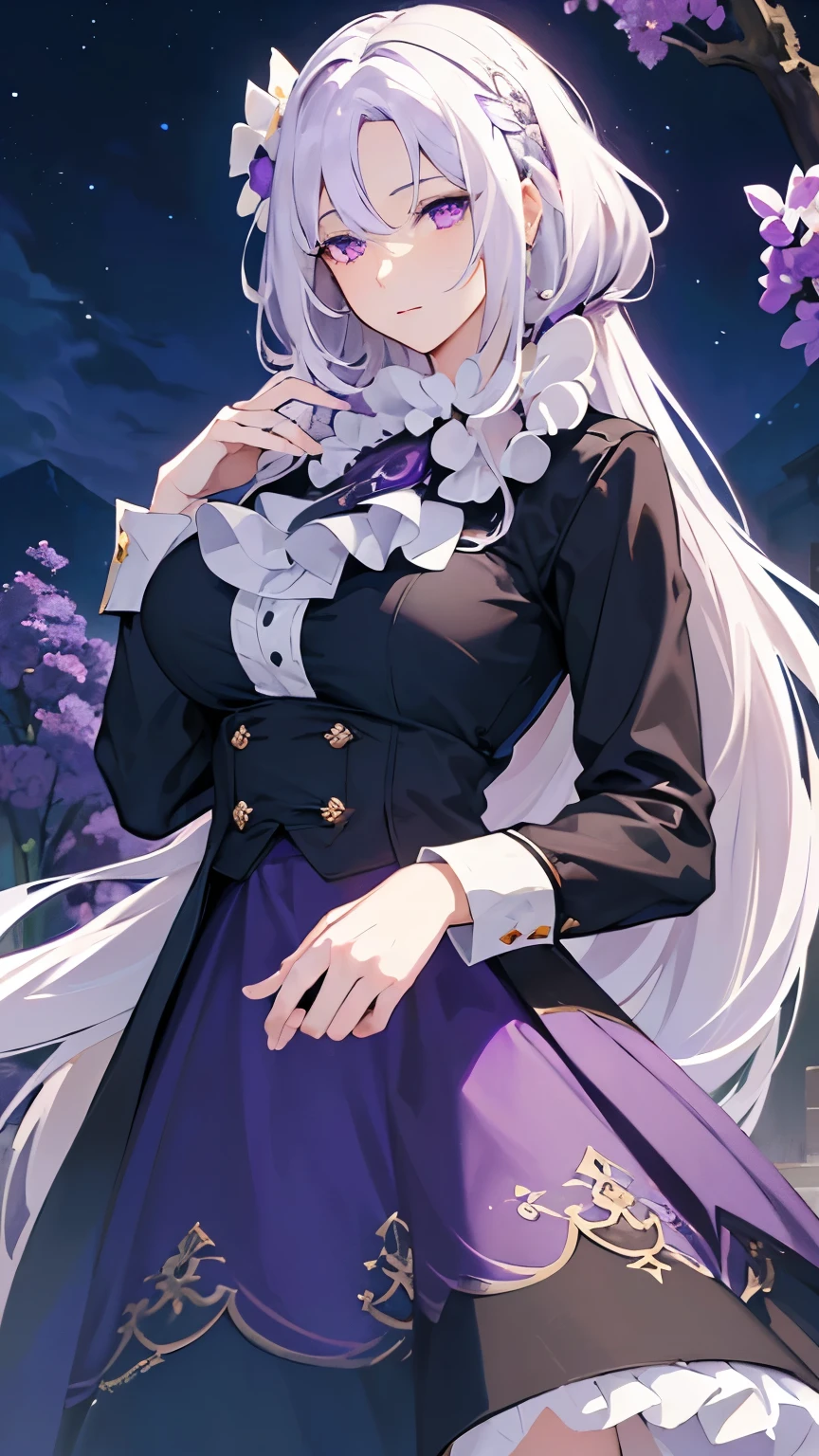 (best quality:1.3), (masterpiece:1.3), (illustration:1.3), (ultra-detailed:1.3), 1girl, (((large breasts))), ((((purple eyes))), (((white hair))), hair ornaments, tall, mature, long hair, black suit, ascot, long sleeves, skirt, dressaug, hair between eyes, purple flowers, looking at viewer, hair ornament, night sky, glowing purple flowers, french braids, nice hands, perfect hands, mature, motherly,