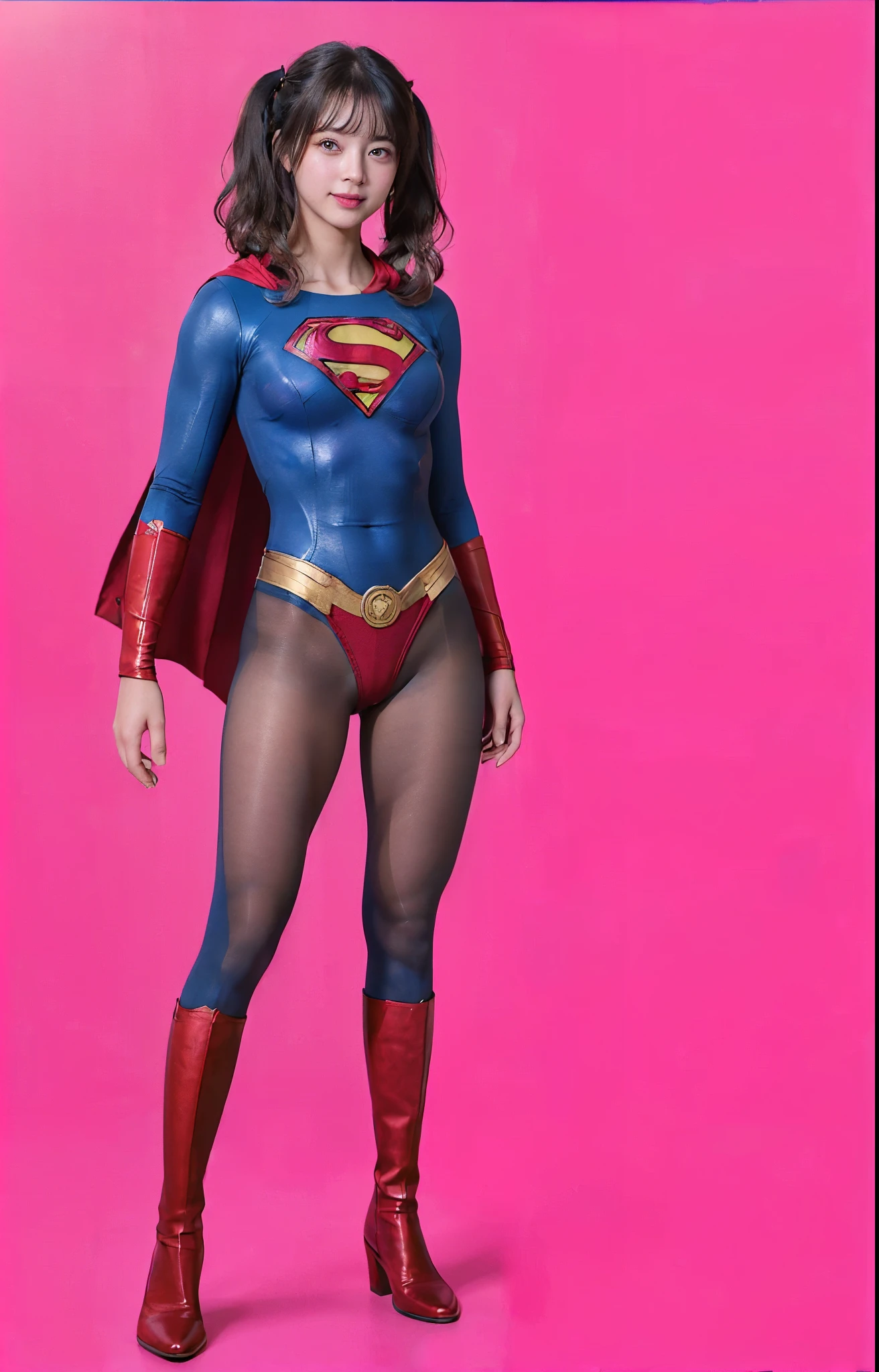 No background、(((Beautiful legs in black tights.)))、(((Legally express the beauty of your smile)))、((((Make the most of your original images)))、(((体にぴったりフィットするSupergirl Costume)))、(((Supergirl Costume)))、(((Beautiful twin tail hairstyle)))、(((She is winking cutely.)))、(((Please wear black tights....、Wear red boots)))、((Best image quality、8k))、((highest quality、8k、masterpiece:1.3))、(((Preserve background )))、Sharp focus:1.2、Beautiful woman with perfect figure:1.4、Slim Abs:1.2、Wet body:1.5、Highly detailed face and skin texture、8k