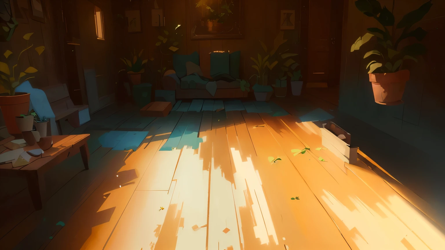 there is a plant that is sitting on a wooden floor, interior background art, low detailed. digital painting, hard light digital painting, damaged floor, lighting study, unreal enginedigital painting, background art, very detailed digital painting, detailed textures and lighting, paint spill, oil paint concept art, painted as a game concept art, painted in high resolution