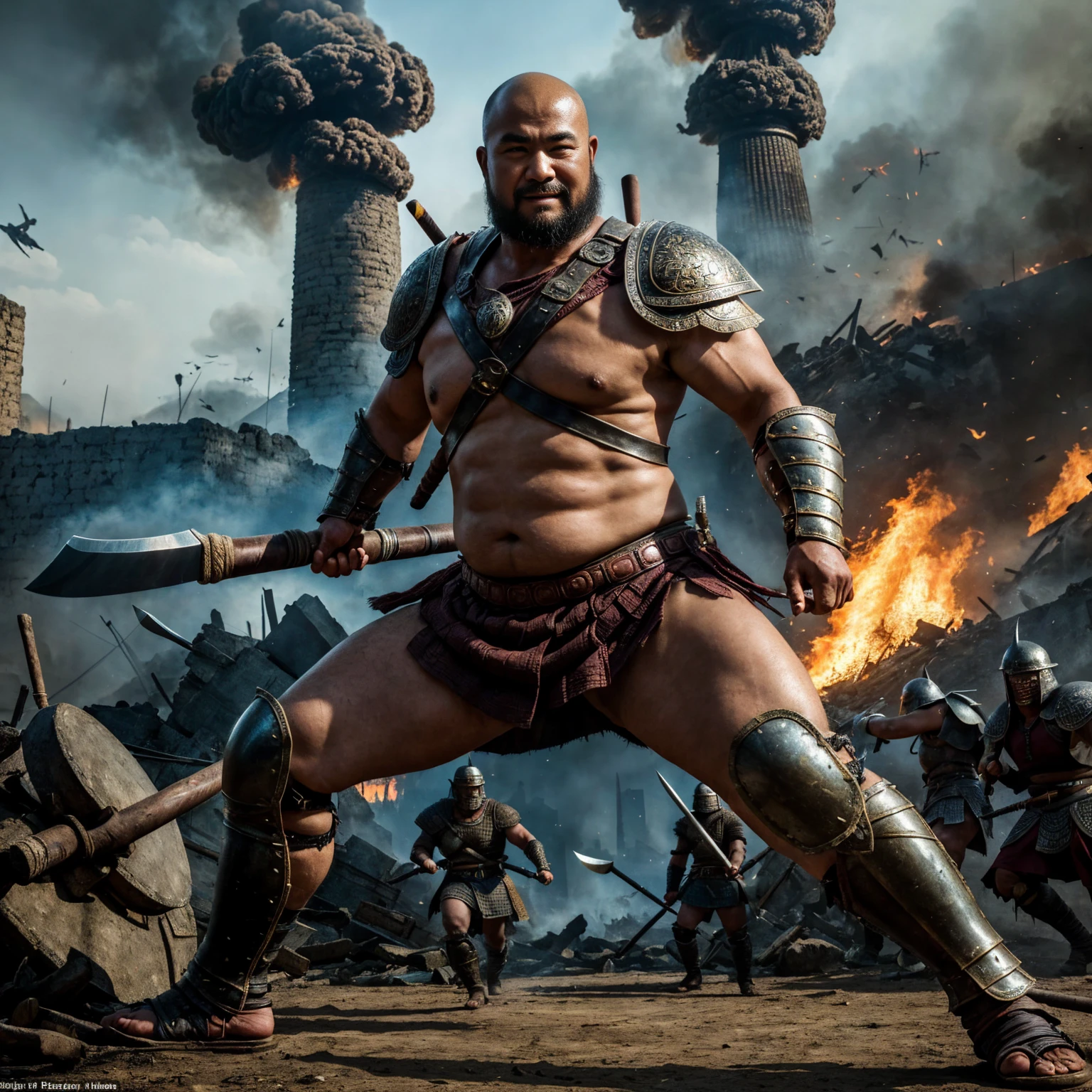 looking at me, Staring Intently, face focus, Bandit, a robust build ferocious barbarian, This barbarian is a fat Japanese, smirking, mid combat, intense battle scene, leather and iron armor, armored short skirt, holding a Viking War Axes, legs exposed from thighs to feet, fierce warriors, ancient battlefields, epic showdown, battleground background, masterpiece, volumetric lighting, Dramatic, Uighur the Warden, breathtaking action, dynamic poses, bald, ((ultra sharp)), ((masterpiece)), ((best quality)), ((ultra detailed)), ((intricate details)), Inguinal region detailed, Dilapidated, breathtaking action, destroyed city after big air raids, fire, smoke, A brutal scene,