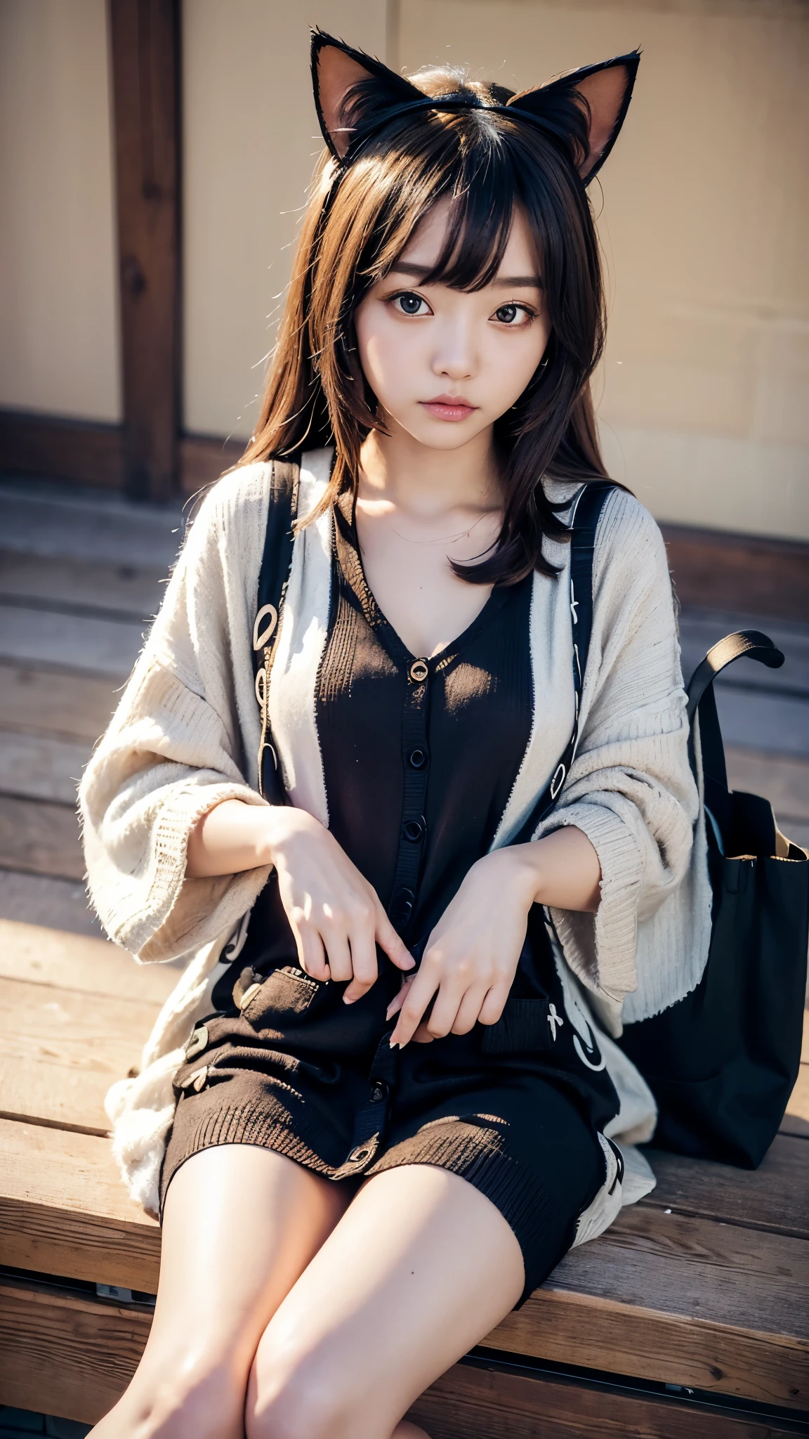 Masterpiece, 4k, Bokeh, beautiful face, (Japanese idle:1.6), (Long cardigan with a t-shirt dress and flats, Casual weekend background, Canvas tote bag:1.4), (Cat ears:1.3), Sitting on From below,