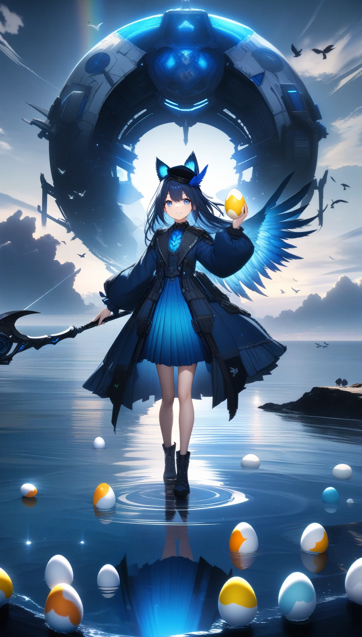 32k, best quality, ultra high res, HDR, UHD, extremely detailed CG, unity 32k wallpaper, A dark, futuristic, silhouetted figure of a girl with cat ears and a long, flowing coat, holding a massive scythe with a mechanical cat integrated into the blade, standing on a reflective surface with a minimalist, light gray background. --ar 4:3 --stylize 600 --niji 6, 32k, best quality, ultra high res, HDR, UHD, extremely detailed CG, unity 32k wallpaper, A world full of eggs, 18-year-old, Holding a rainbow-colored egg in both hands, Very cute girl, Blue Hair, Long Hair, blue eyes, A beautiful and cute blue dress, from the front, A very beautiful sea background, Standing on the water, Particles that glow blue, bird, cloud, Egg with wings, Close your mouth and smile happily, A cute hat with blue feathers, (wing),