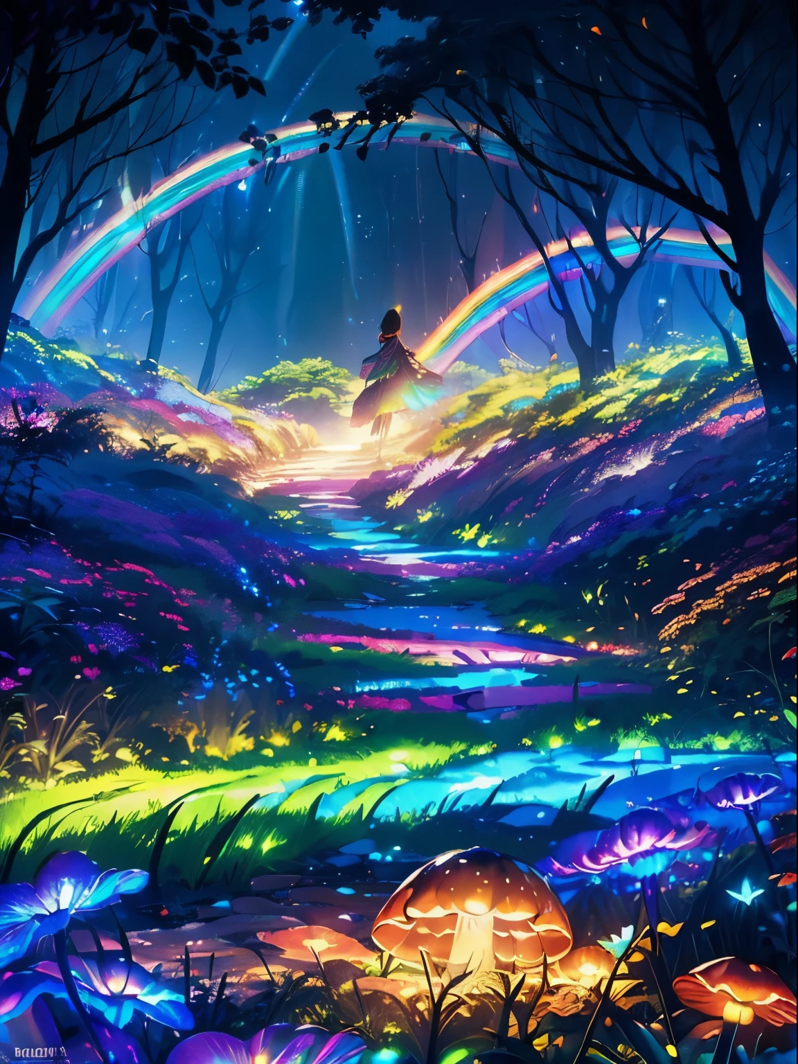 Enchanting Mysterious Forest, Neon colored butterflies, Pure blue water river fountain, Golden Mini Fairy, A glowing mushroom that releases pollen, extremely beautiful landscape, (Ultra-realistic), {Highly detailed 8k CG unit wallpaper}, expansive landscape photography, (Low perspective that prioritizes the entire scene, (A broad perspective), (Low angle shot), (highlight: 1.5), (Low Light: 1.0), (Warm light source: 1.0), Intricate details, (Rainbow-colored: 1.5), (Bright lighting), (Atmospheric lighting), nature, Magic, landscape