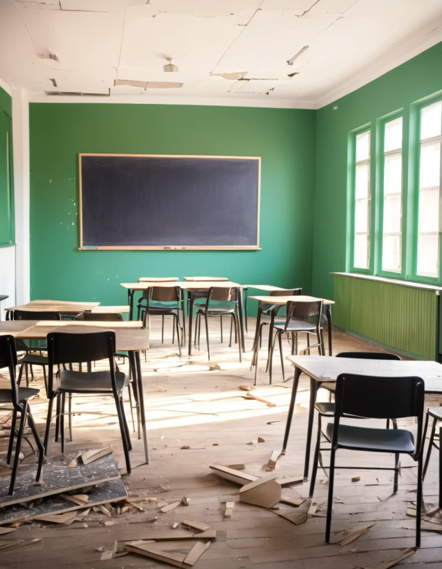 Realistic photo of an empty modern classroom destroyed where the main element is a blackboard, there are chairs and tables thrown on the floor,Tyndall effect,Brownian motion