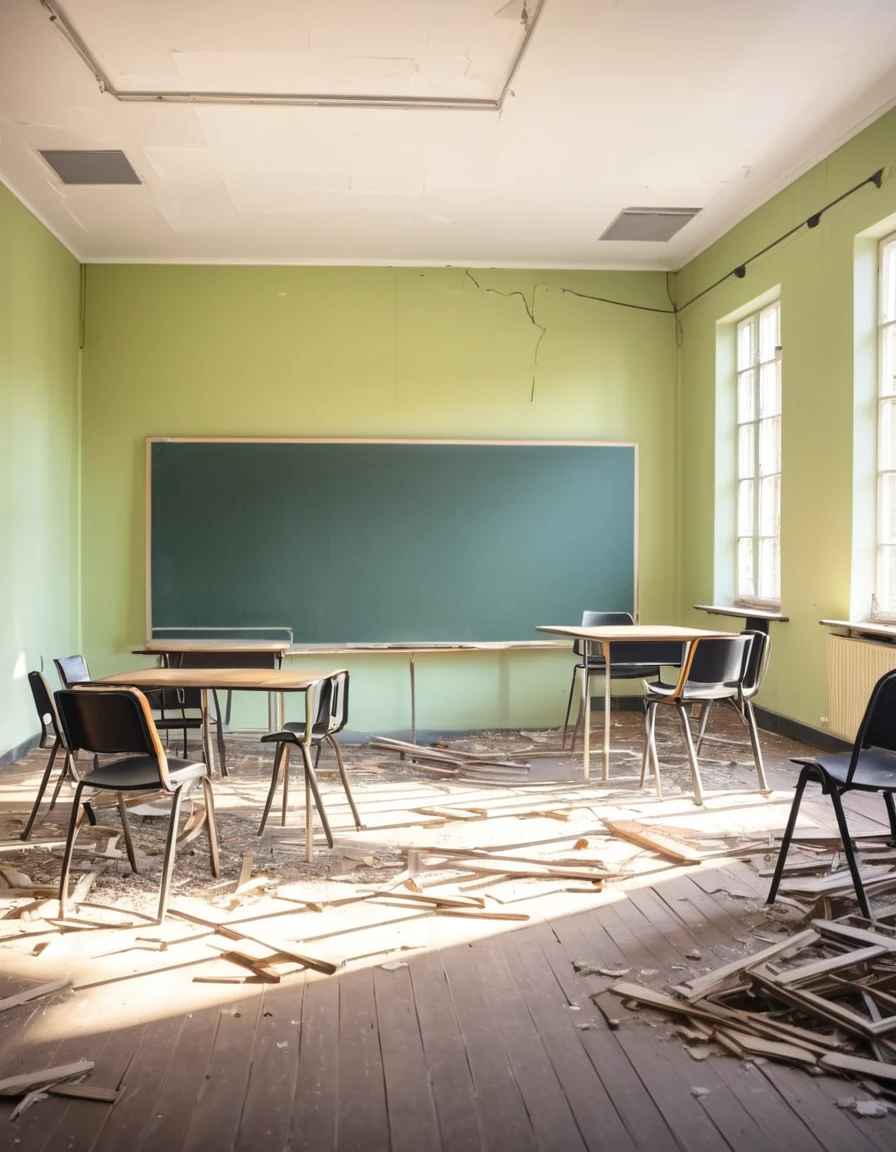 Realistic photo of an empty modern classroom destroyed where the main element is a blackboard, there are chairs and tables thrown on the floor，Tyndall effect，Brownian motion