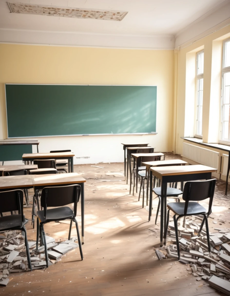 Realistic photo of an empty modern classroom destroyed where the main element is a blackboard, there are chairs and tables thrown on the floor,Tyndall effect,Brownian motion