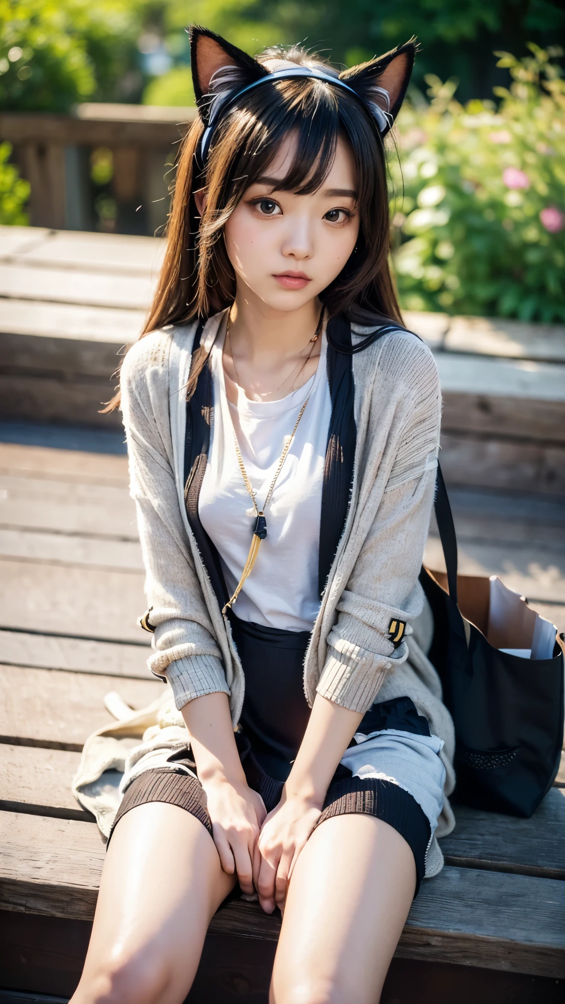 Masterpiece, 4k, Bokeh, beautiful face, (Japanese idle:1.6), (Long cardigan with a t-shirt dress and flats, Casual weekend background,  Canvas tote bag:1.4), (Cat ears:1.3), Sitting on From below,