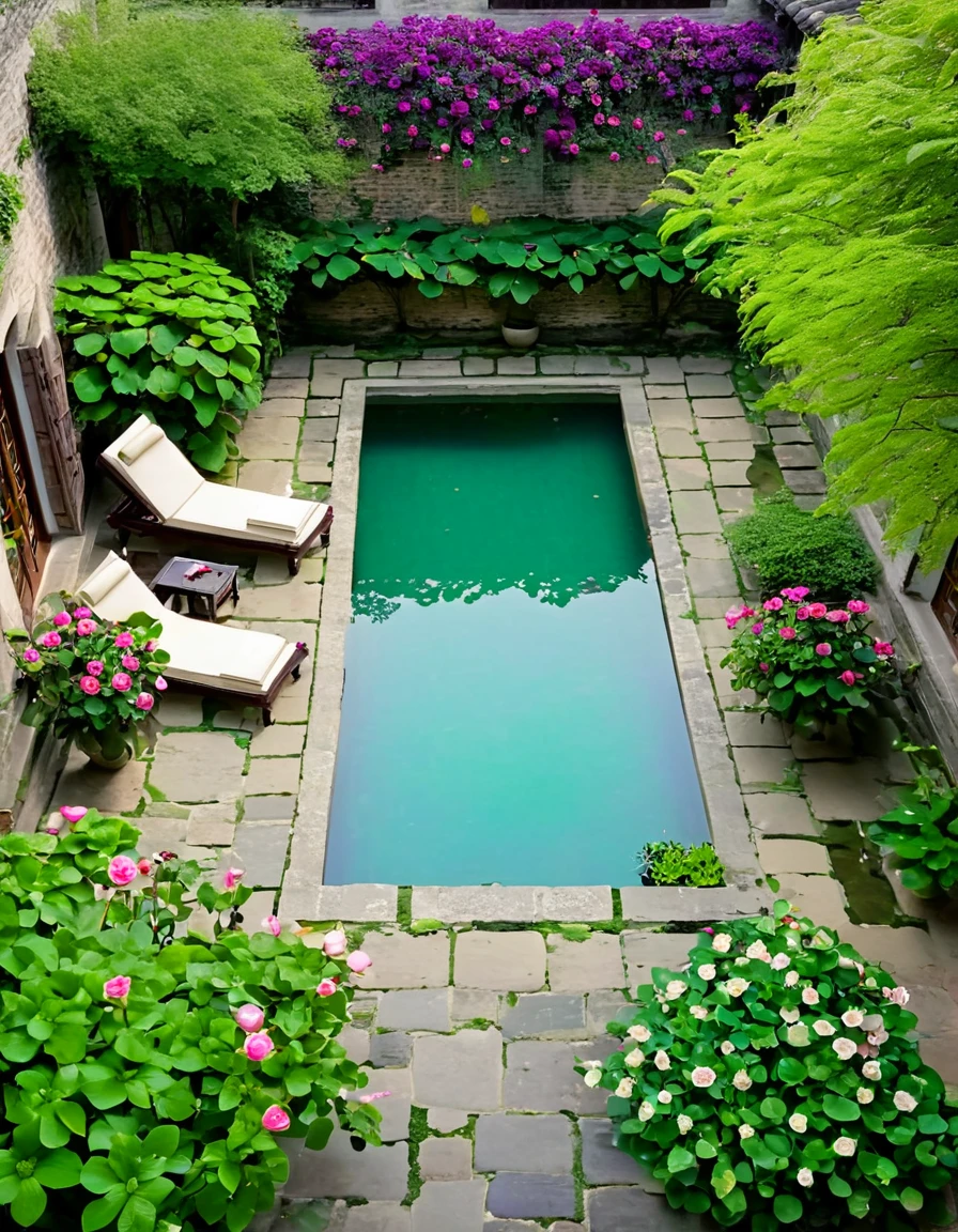 A dream of a small house in an ancient Jiangnan town, with a courtyard featuring a stone brick floor and a water lily pond. Tables and chairs are placed on the edge of the pool, surrounded by blooming purple petunias and pink roses, with green plants planted inside, overlooking with a bird's eye view. The style is raw