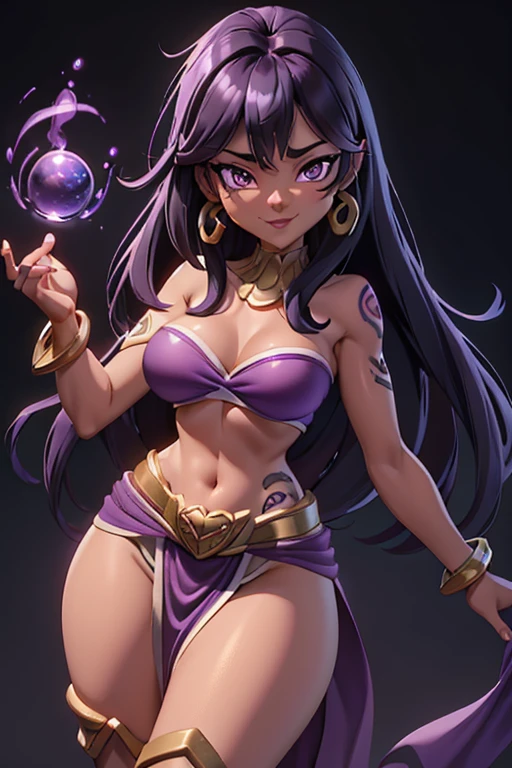 (best quality:1.3), (4K quality), (Detailed face:1.2), (Detailed eyes:1.2), ,Anime Style, solo, 1girl, 25 year old woman, sorceress, (dark skin:1.2), purple hair, wavy hair, long hair, purple eyes, mascaras, purple eyeshadow, (tattoos:1.2), medium breasts, waist, slender legs, attractive body, slim figure, perfect shape, ((Wearing: purple strapless top, purple loincloth, pelvic curtain, golden bracelets, long black boots)), holding a magical stuff, purple magic. She had a refreshing, charming personality and is ambiguous and mysterious. looking at viewer, she's looking at the camera with a flirtatious smile. Fantasy based setting with purple background. Full body portrait
