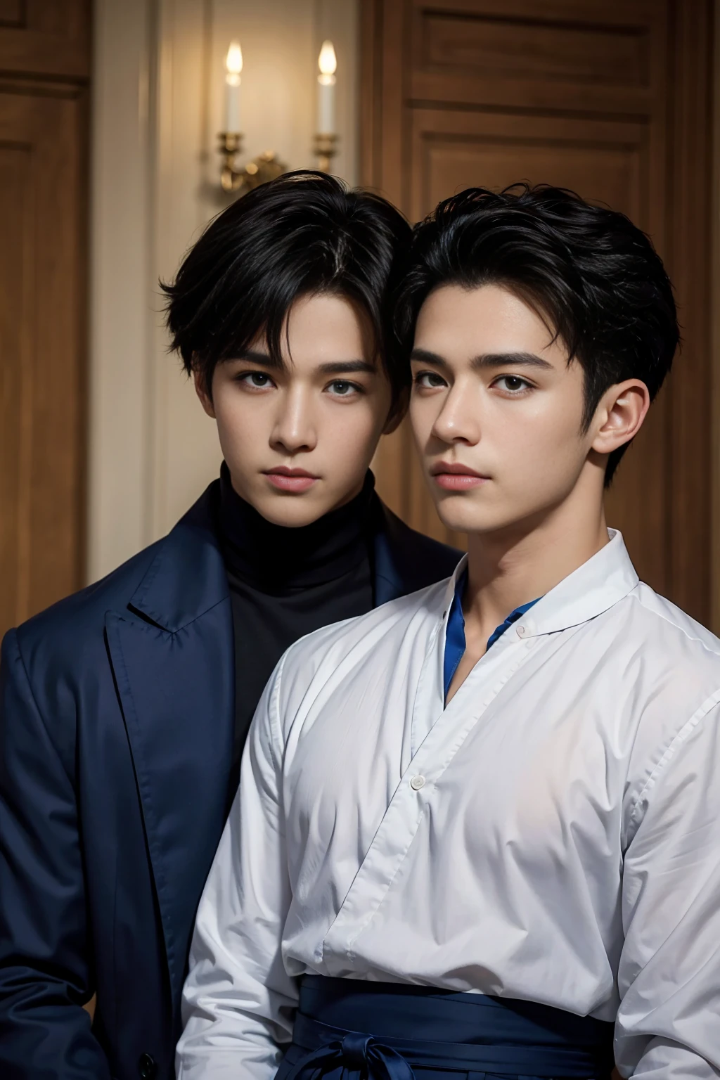 ((masterpiece)),((best quality)),8K,High Detail,Very detailed, Very manly，2 men, like，fashion pose, Real skin texture, Light,
Royal blue style couple