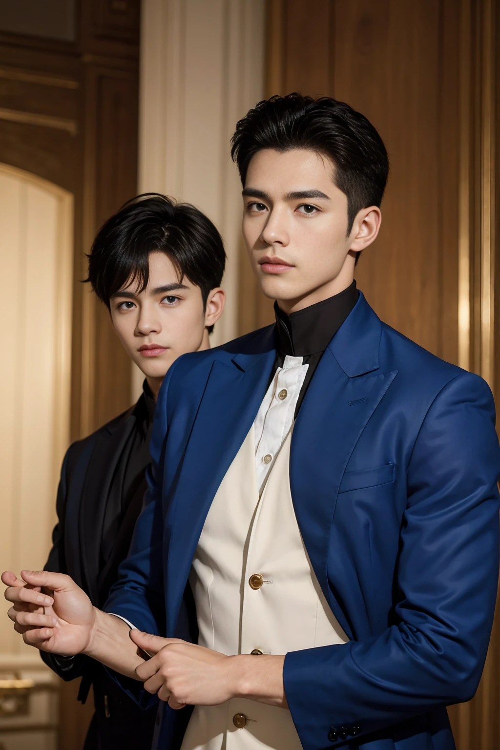 ((masterpiece)),((best quality)),8K,High Detail,Very detailed, Very manly,2 men, like,fashion pose, Real skin texture, Light,
Royal blue style couple