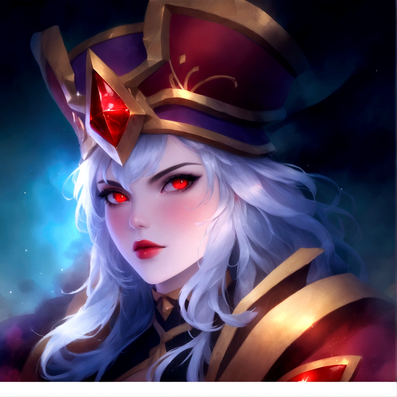 With a crown on his head、Red eyes,Woman with cross black eyeshadow, Portrait of a female mage, Astrie Lohne, Ash, Mage Portrait, extremely detailed type germ, IG Model | type germ, Close-up portrait of mage, Portrait of a witch, Artgrem, Portrait of zodiac girl knight, Official ink art, type germ detailed