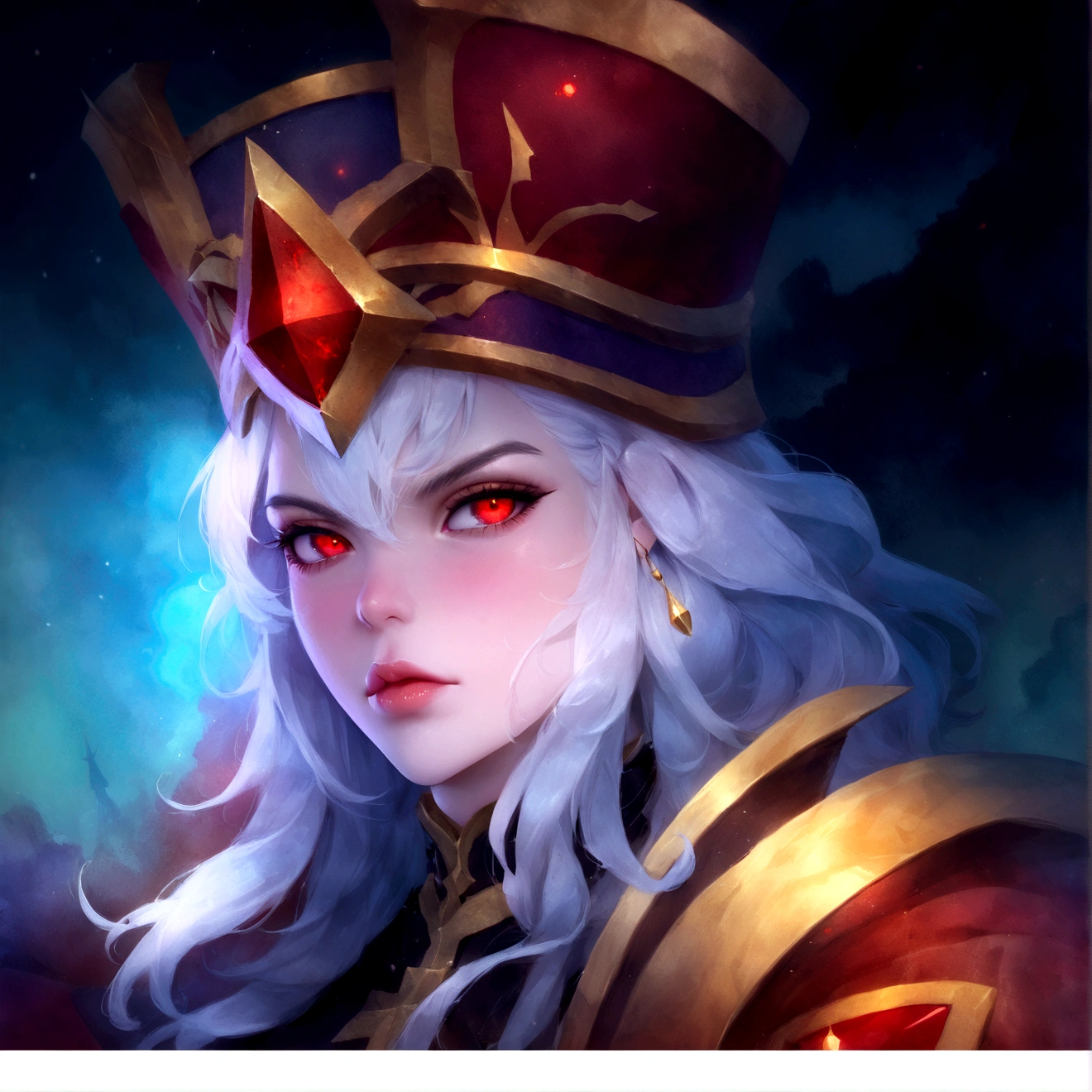 With a crown on his head、Red eyes,Woman with cross black eyeshadow, Portrait of a female mage, Astrie Lohne, Ash, Mage Portrait, extremely detailed type germ, IG Model | type germ, Close-up portrait of mage, Portrait of a witch, Artgrem, Portrait of zodiac girl knight, Official ink art, type germ detailed