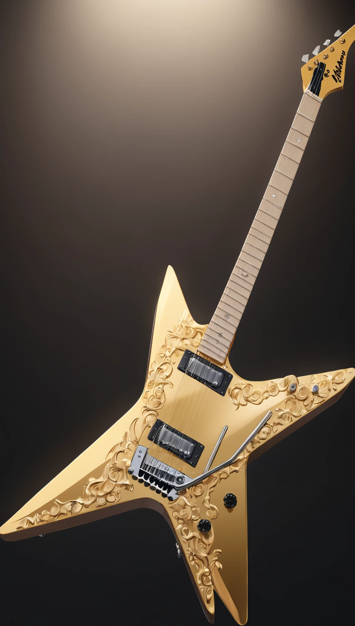 best quality, super fine, 16k, extremely detailed, 2.5D, delicate and dynamic, cool guitar with star-shaped gold body