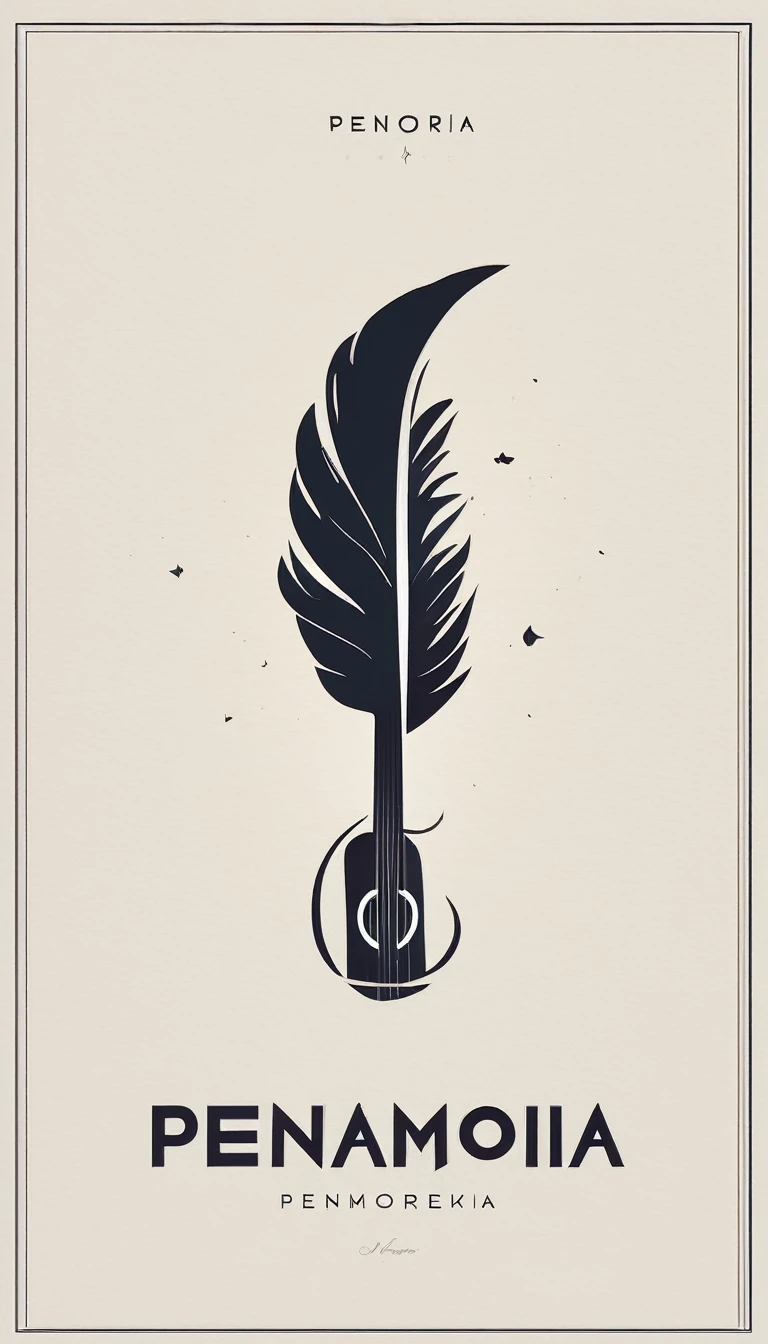 A minimal, modern, simple, cinematic logotype for the brand “Penamemoria". The logotype must be a simple, magical feather and a boy playing acoustic guitar. The logo must convey a sense of music, stories and dreams. Logo design impressed on a book cover. Minimalistic logo
