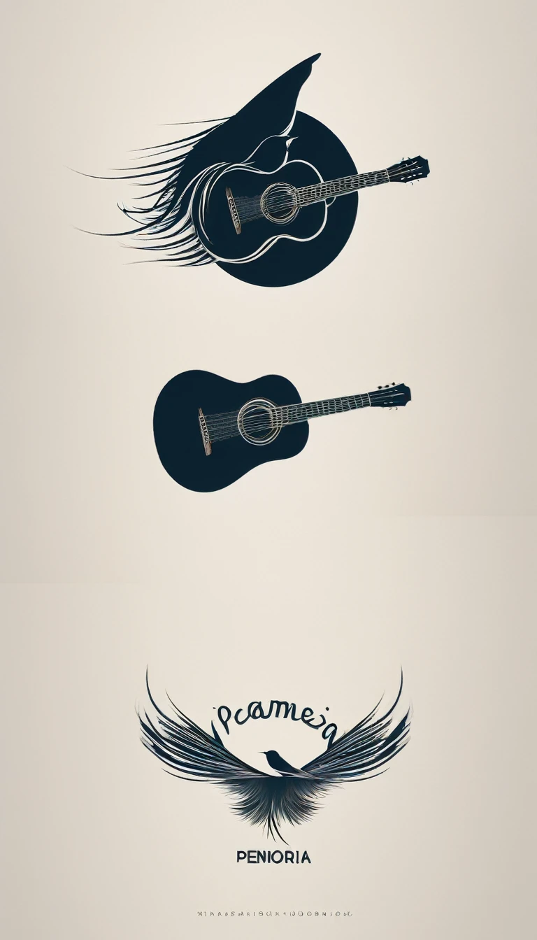 A minimal, modern, simple, cinematic logotype for the brand “Penamemoria". The logotype must be a simple, magical feather and a boy playing acoustic guitar. The logo must convey a sense of music, stories and dreams. Logo design impressed on a book cover. Minimalistic logo
