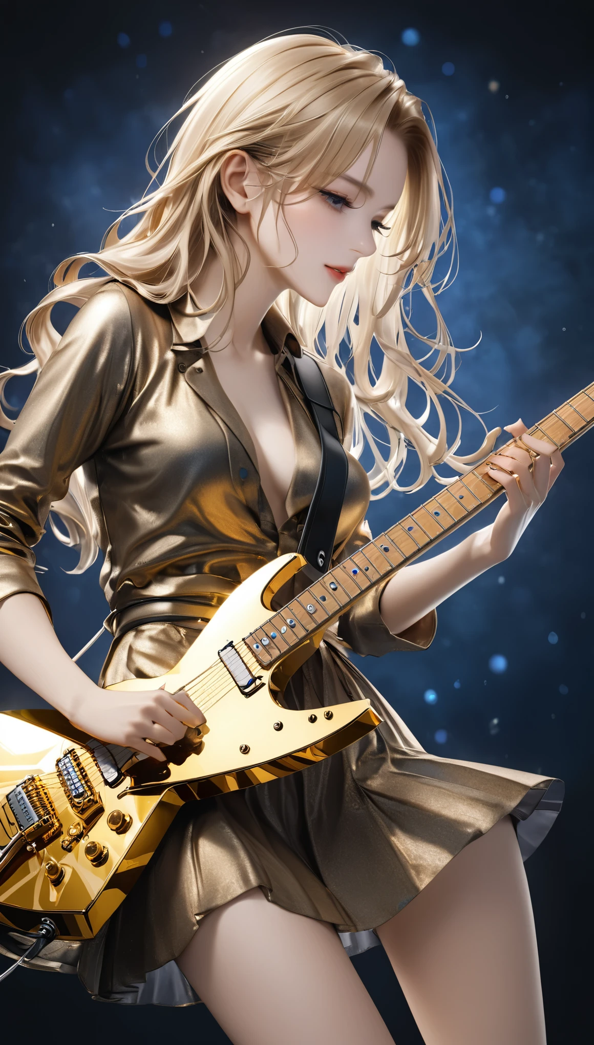 best quality, super fine, 16k, extremely detailed, 2.5D, delicate and dynamic, beautiful woman playing electric guitar, cool guitar with star-shaped gold body