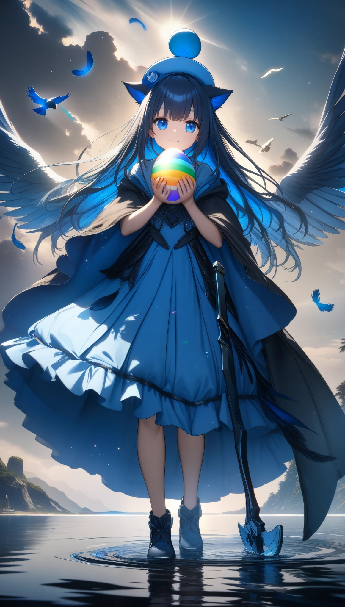 32k, best quality, ultra high res, HDR, UHD, extremely detailed CG, unity 32k wallpaper, A dark, futuristic, silhouetted figure of a girl with cat ears and a long, flowing coat, holding a massive scythe with a mechanical cat integrated into the blade, standing on a reflective surface with a minimalist, light gray background. --ar 4:3 --stylize 600 --niji 6, 32k, best quality, ultra high res, HDR, UHD, extremely detailed CG, unity 32k wallpaper, A world full of eggs, 18-year-old, Holding a rainbow-colored egg in both hands, Very cute girl, Blue Hair, Long Hair, blue eyes, A beautiful and cute blue dress, from the front, A very beautiful sea background, Standing on the water, Particles that glow blue, bird, cloud, Egg with wings, Close your mouth and smile happily, A cute hat with blue feathers, (wing),